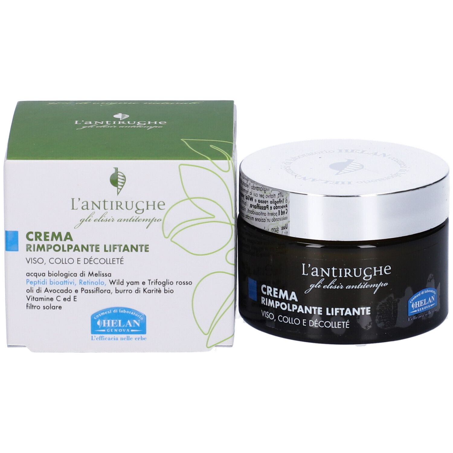 Vaso di crema e scatola. Testo: L'antirughe, Crema Rimpolpante Liftante, Viso, Collo e Décolleté. Marchio: HELAN.