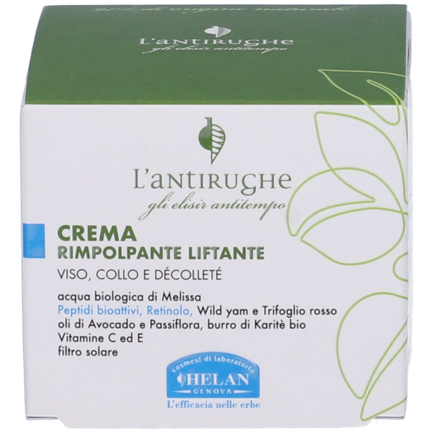 Scatola verde. Testo: L'antirughe, Crema Rimpolpante Liftante, Viso, Collo e Décolleté. Marchio: HELAN.