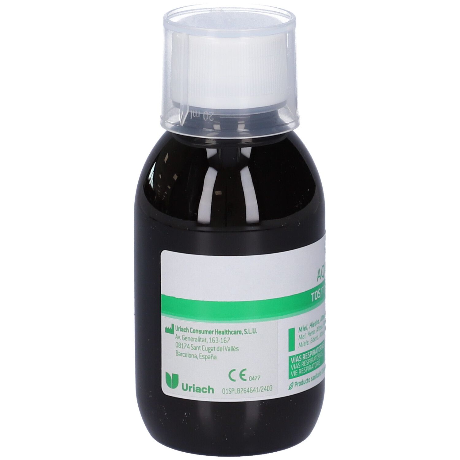 Liquido marrone in bottiglia con tappo bianco. Scritta: AQUILEA TOSSE FORTE. Etichetta verde con informazioni del produttore.