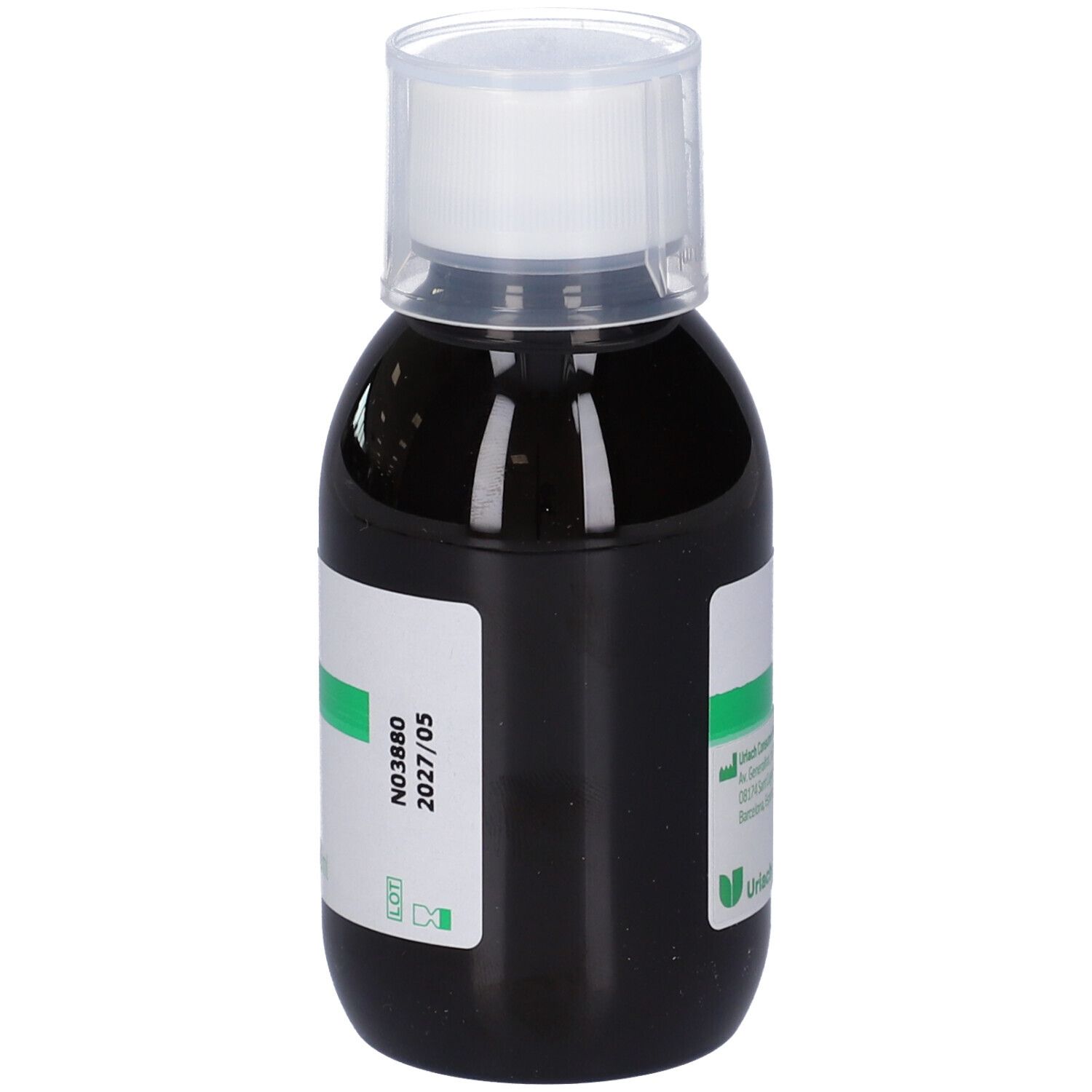 Liquido marrone in bottiglia con tappo bianco. Etichetta verde con numero di lotto e data di scadenza.