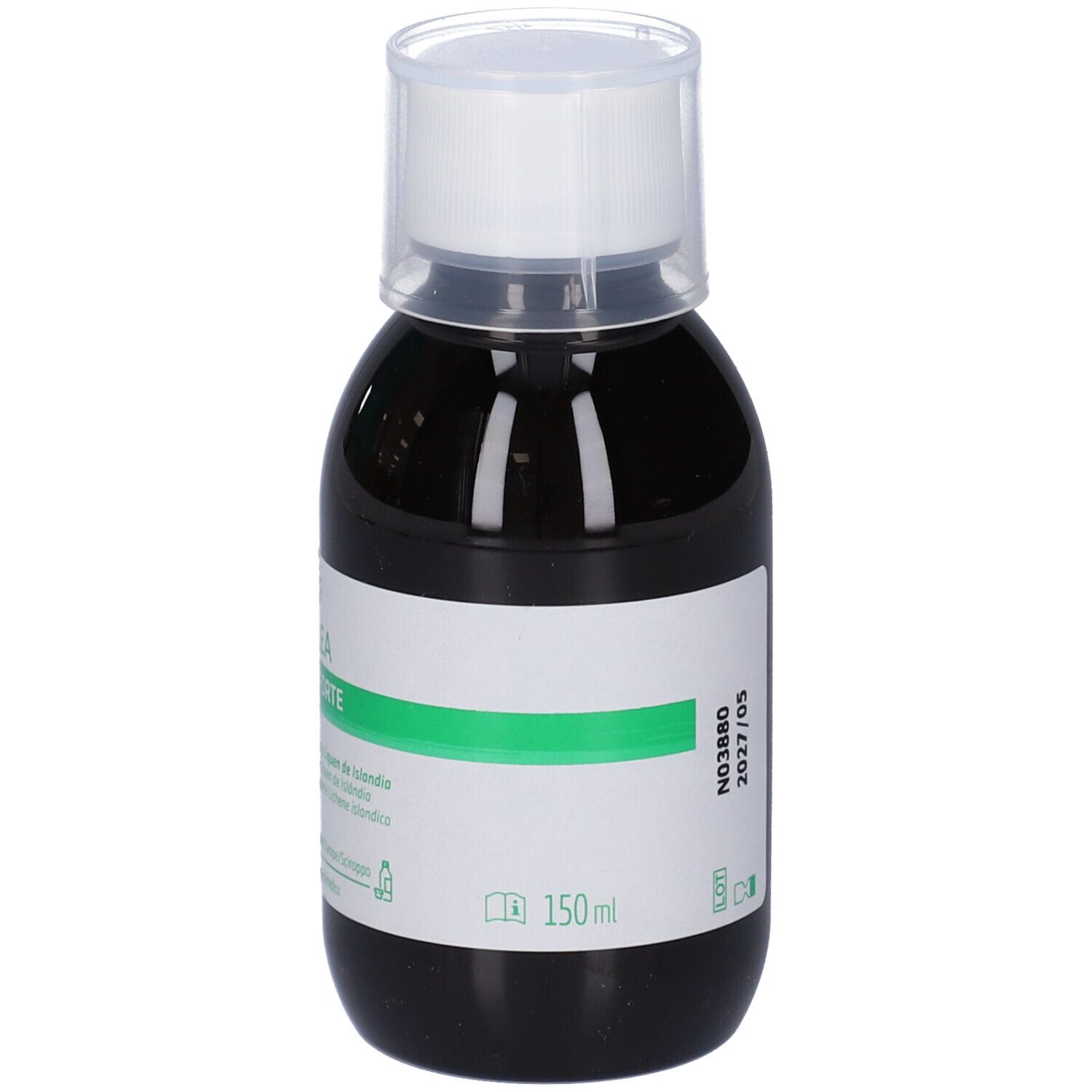 Liquido marrone in bottiglia con tappo bianco. Etichetta verde con numero di lotto, scadenza e volume.