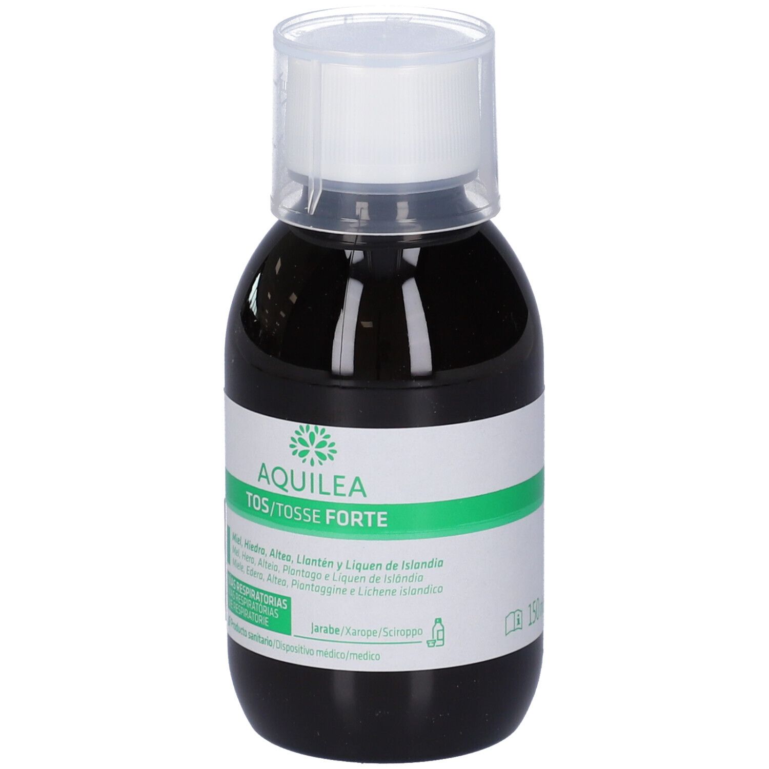 Liquido marrone in bottiglia con tappo bianco. Scritta: AQUILEA TOS/TOSSE FORTE. Etichetta verde con informazioni sul prodotto.