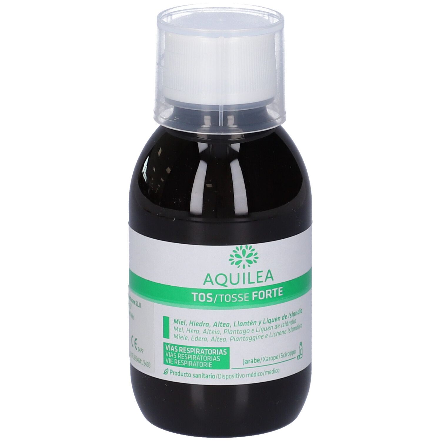 Liquido marrone in bottiglia con tappo bianco. Scritta: AQUILEA TOS/TOSSE FORTE. Etichetta verde con informazioni sul prodotto.