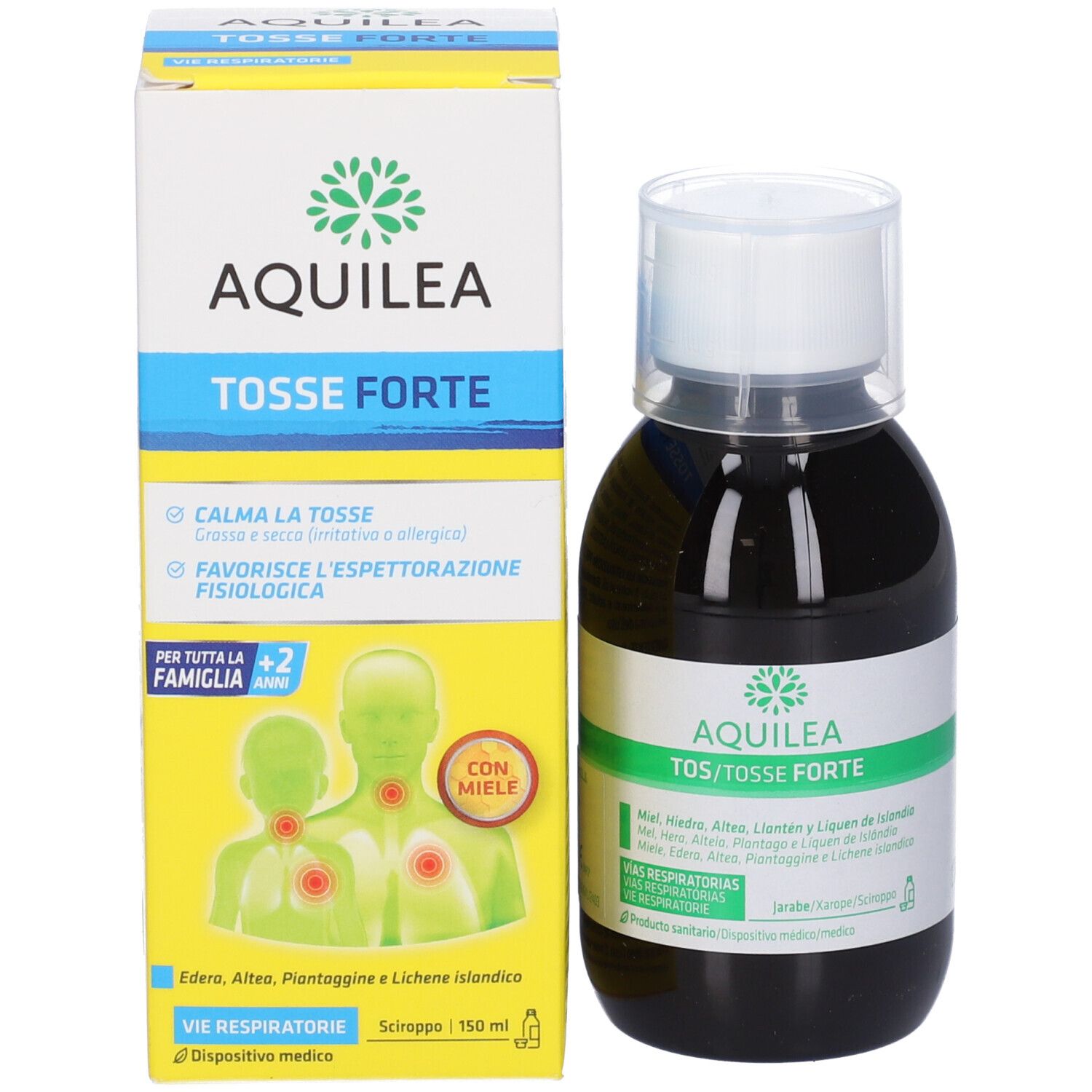 Confezione e flacone del prodotto. Scritta: AQUILEA TOSSE FORTE. Immagine di persone. Flacone con liquido marrone.