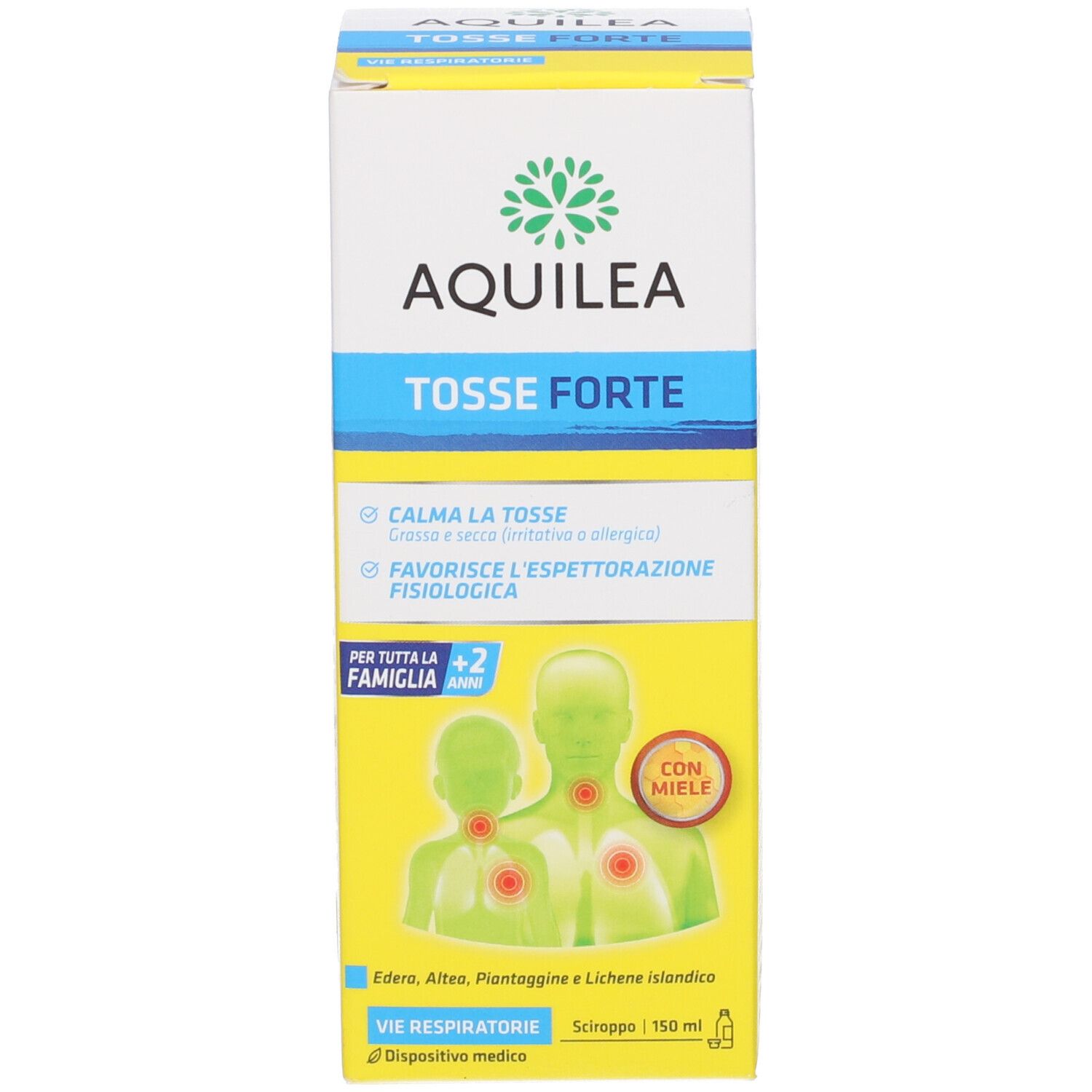 Confezione del prodotto. Scritta: AQUILEA TOSSE FORTE. Immagine di persone. Sfondo giallo con accenti blu.