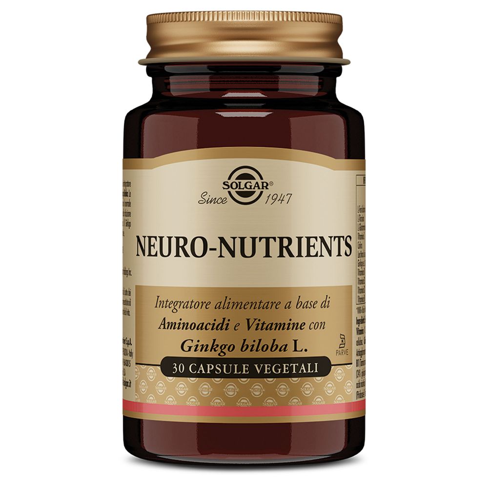 Flacone di vetro marrone SOLGAR Neuro-Nutrients. Contiene 30 capsule vegetali. Tappo dorato.