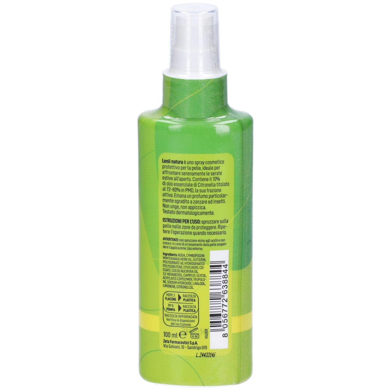 Retro di un flacone spray verde. Testo in italiano. Logo di riciclaggio. Codice a barre.