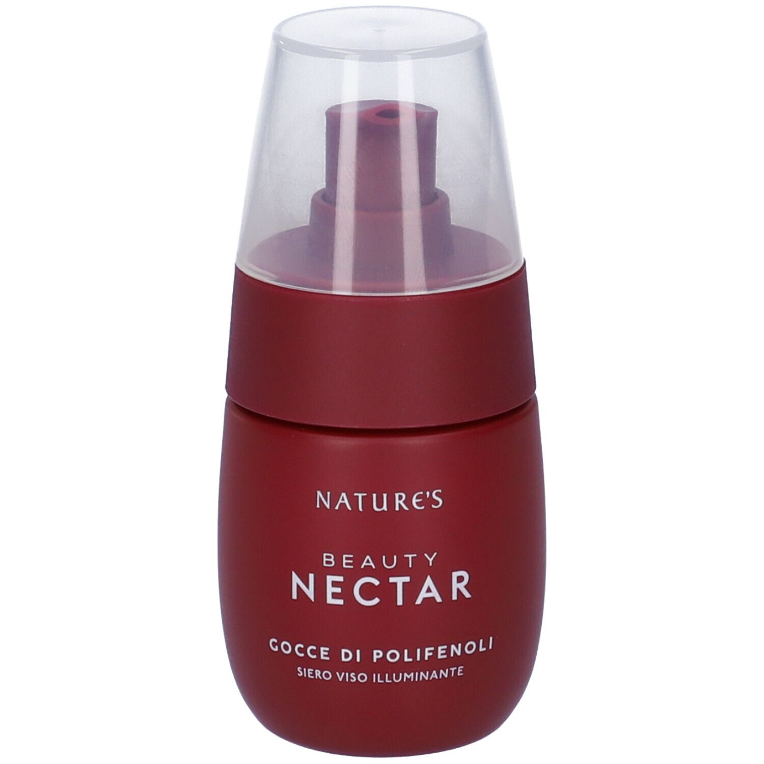 Flacone rosso scuro con erogatore trasparente. Scritta: Beauty Nectar, Gocce di Polifenoli, Siero Viso Illuminante.