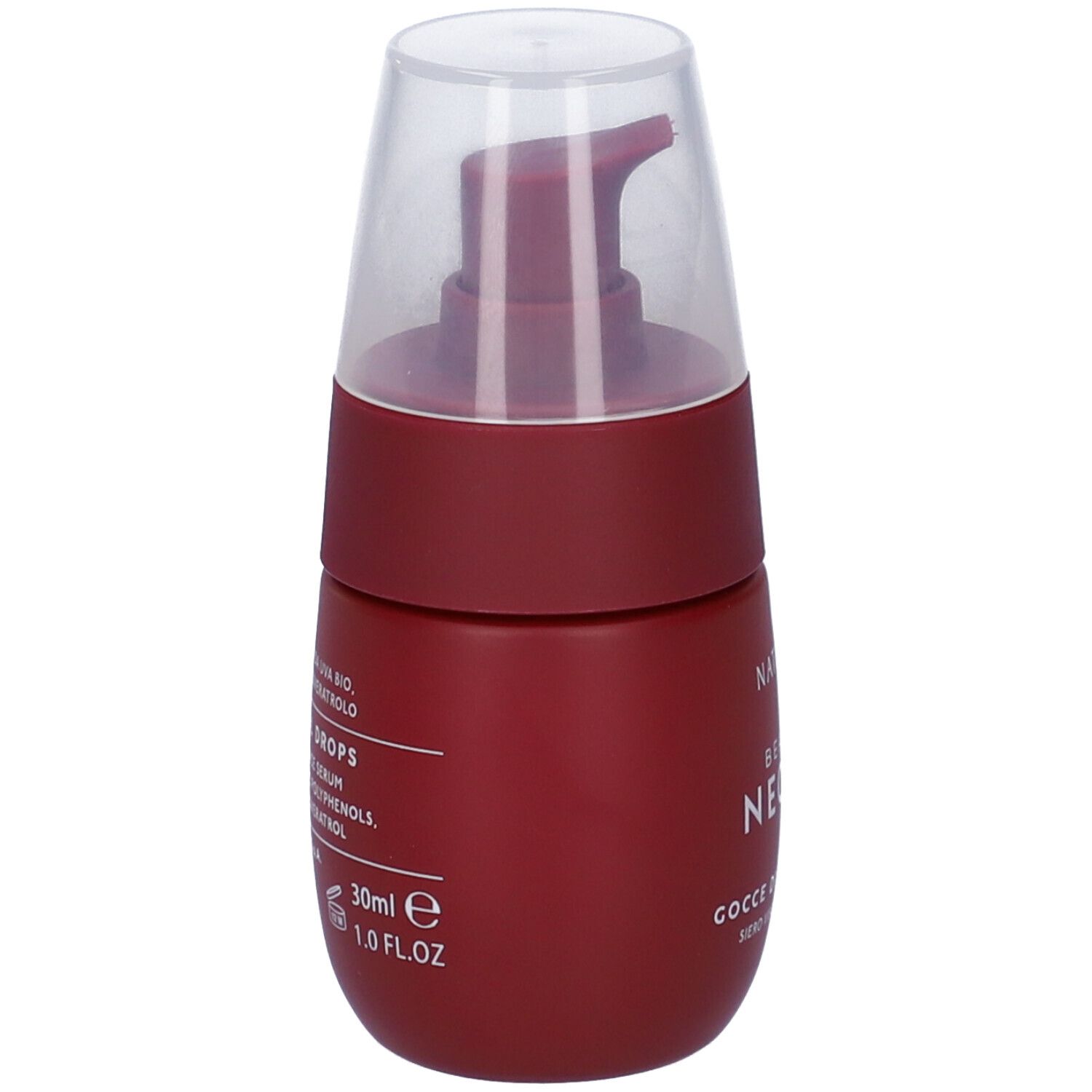 Flacone rosso scuro con erogatore trasparente. Scritta: Beauty Nectar, Gocce di Polifenoli, Siero Viso Illuminante.