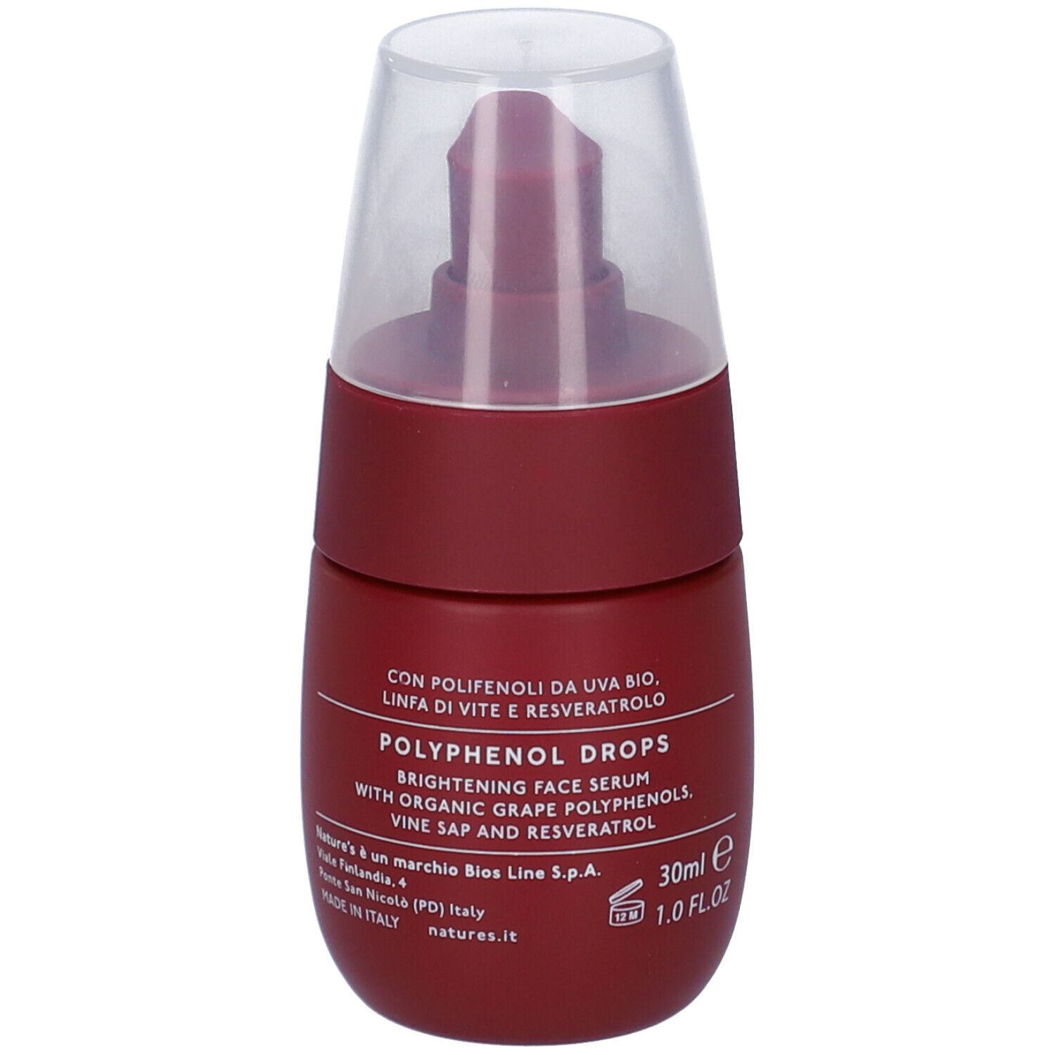 Flacone rosso scuro con erogatore trasparente. Scritta: Beauty Nectar, Gocce di Polifenoli, Siero Viso Illuminante.