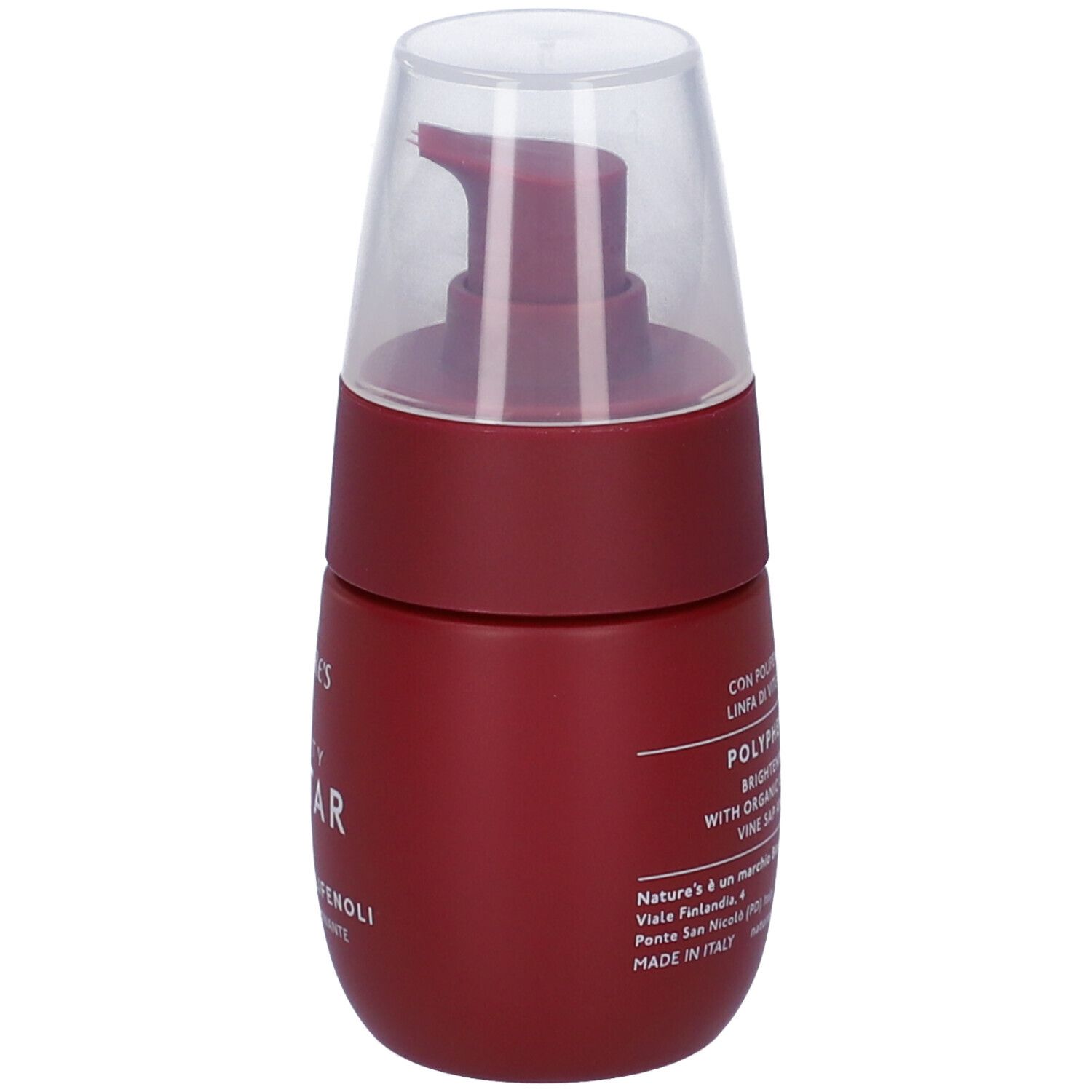 Flacone rosso scuro con erogatore trasparente. Scritta: Beauty Nectar, Gocce di Polifenoli, Siero Viso Illuminante.