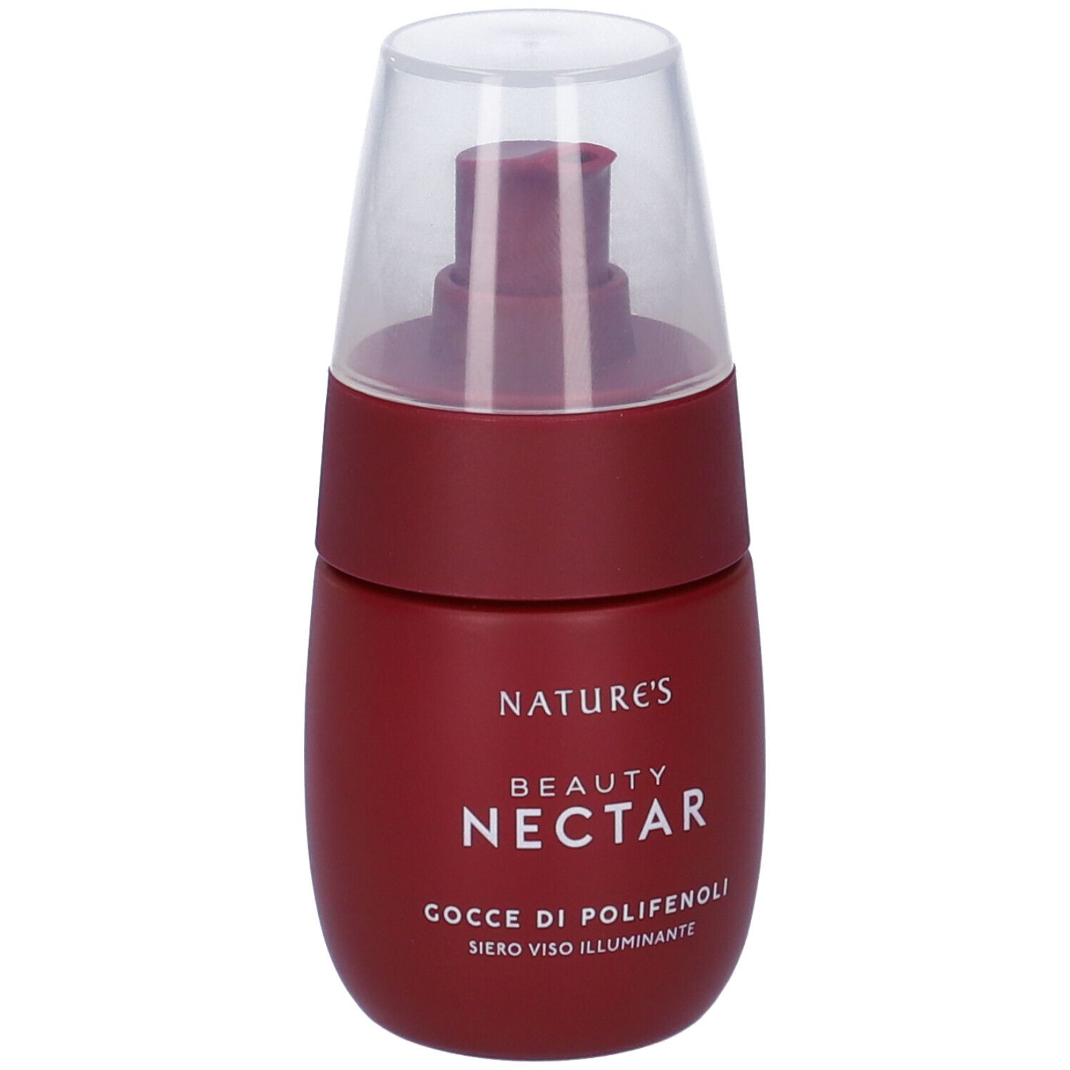 Flacone rosso scuro con erogatore trasparente. Scritta: Beauty Nectar, Gocce di Polifenoli, Siero Viso Illuminante.