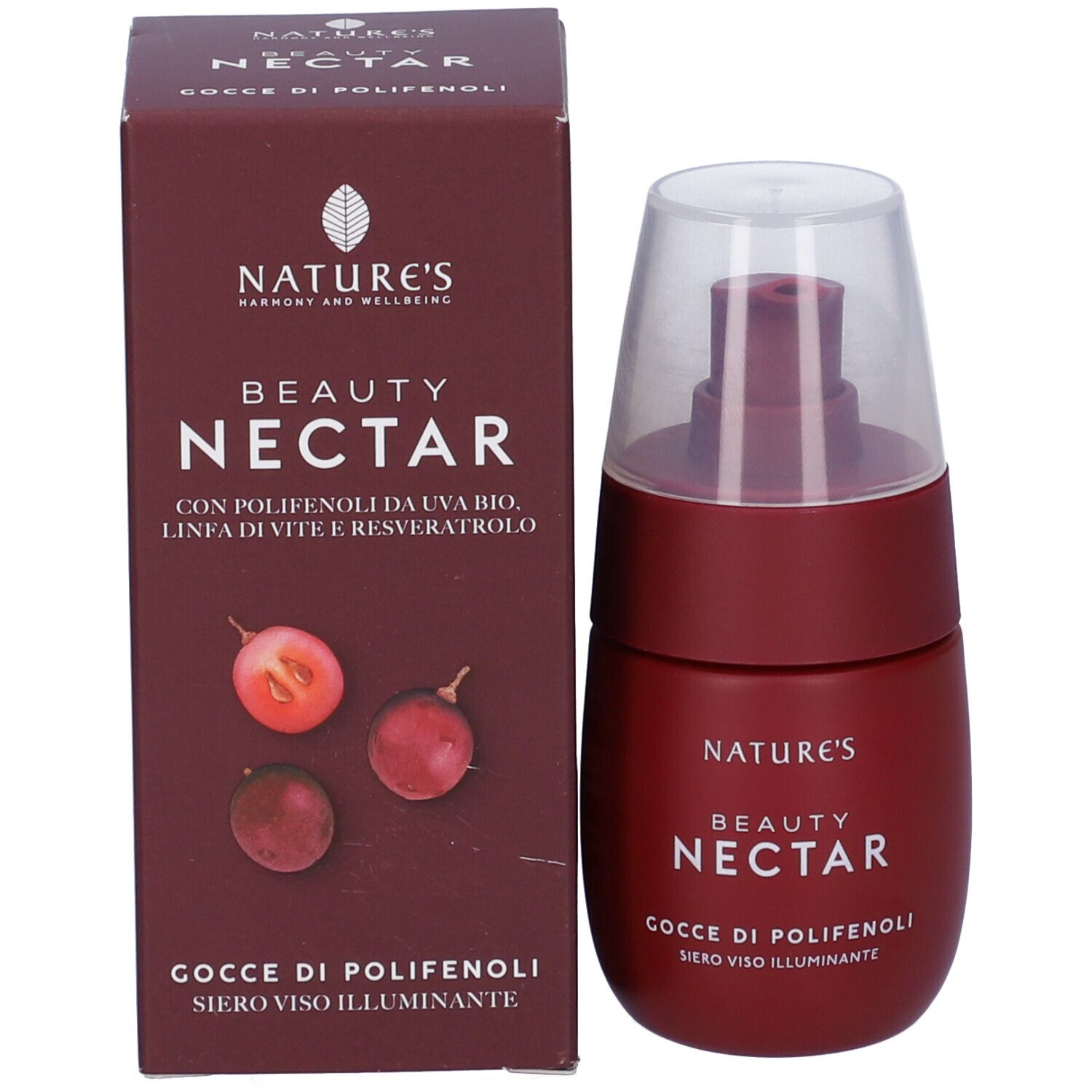 Flacone rosso scuro con erogatore e scatola. Scritta: Beauty Nectar, Gocce di Polifenoli, Siero Viso Illuminante.