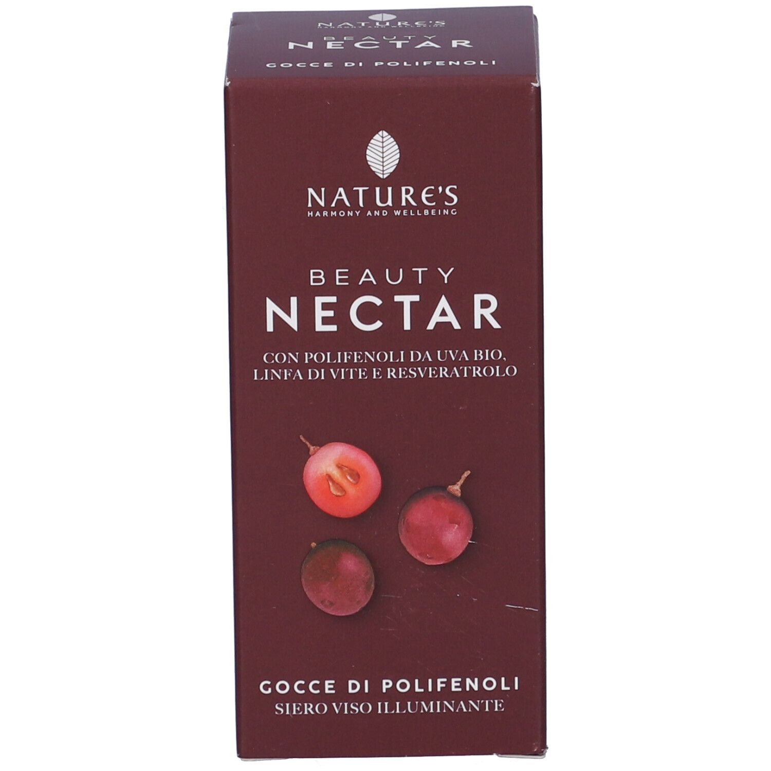 Scatola con scritta: Beauty Nectar, Gocce di Polifenoli, Siero Viso Illuminante. Immagine di uva.
