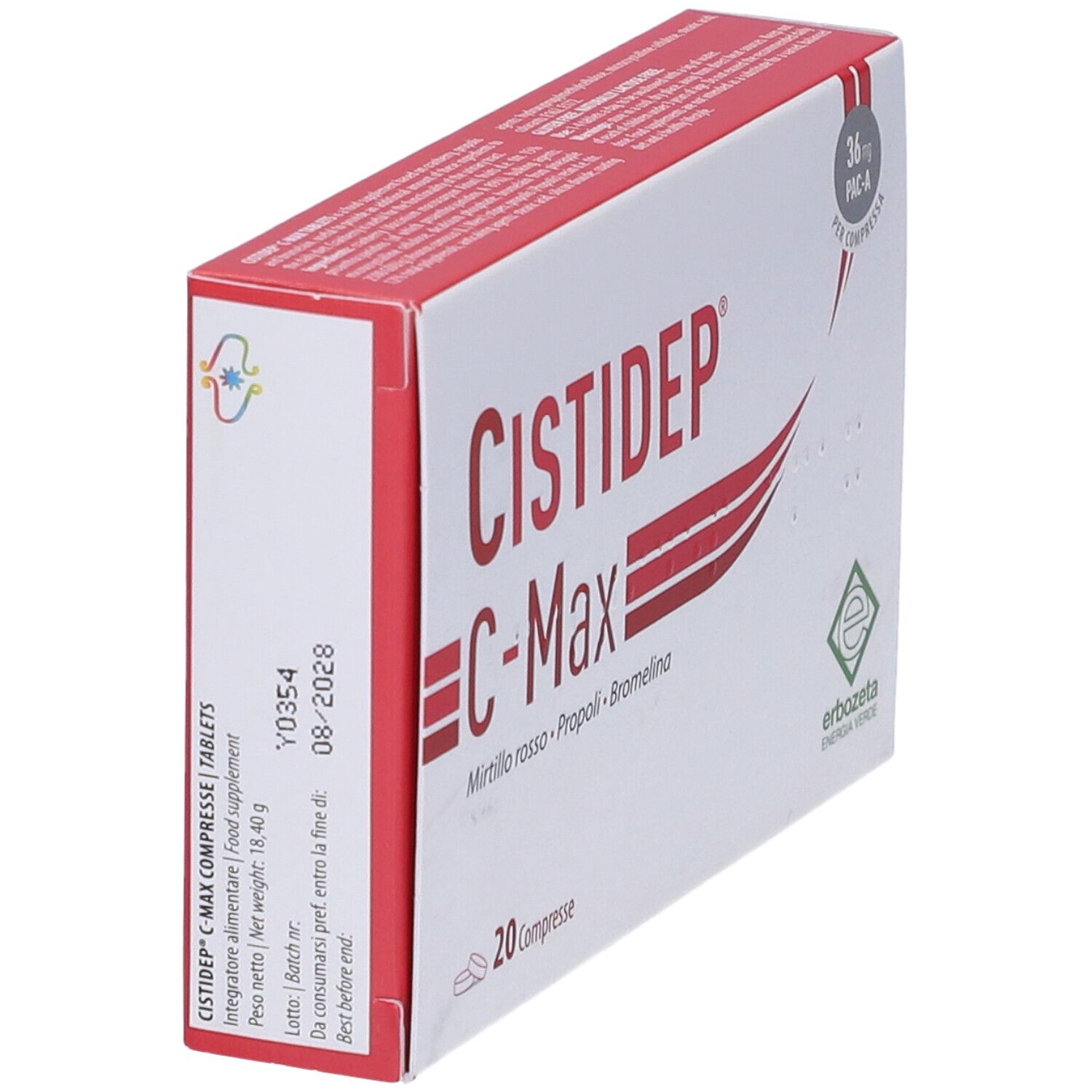 Scatola di Cistidep C-Max Compresse. Scritta rossa e bianca. Informazioni sul prodotto e data di scadenza.