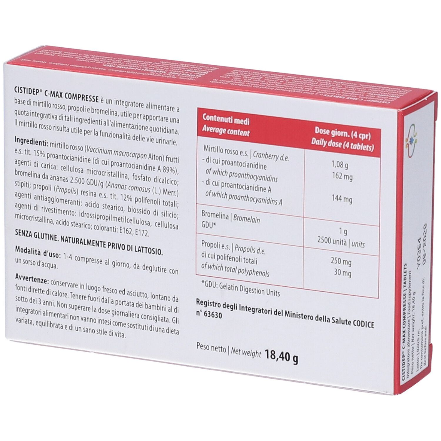 Retro della scatola Cistidep C-Max Compresse. Contiene ingredienti, dosaggio e avvertenze. Testo in italiano.