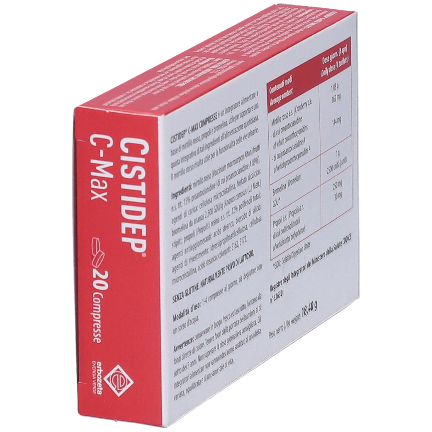 Scatola di Cistidep C-Max Compresse. Scritta rossa e bianca. Contiene ingredienti e dosaggio.