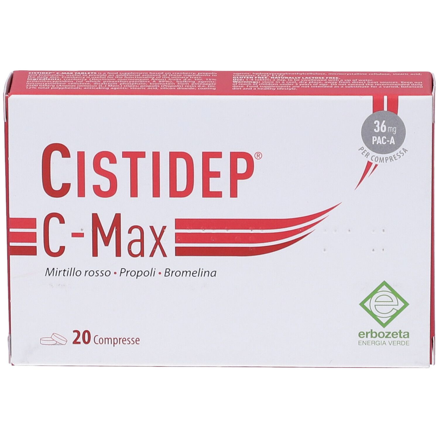 Scatola di Cistidep C-Max Compresse. Scritta rossa e bianca. Contiene 20 compresse. Logo Erbozeta.