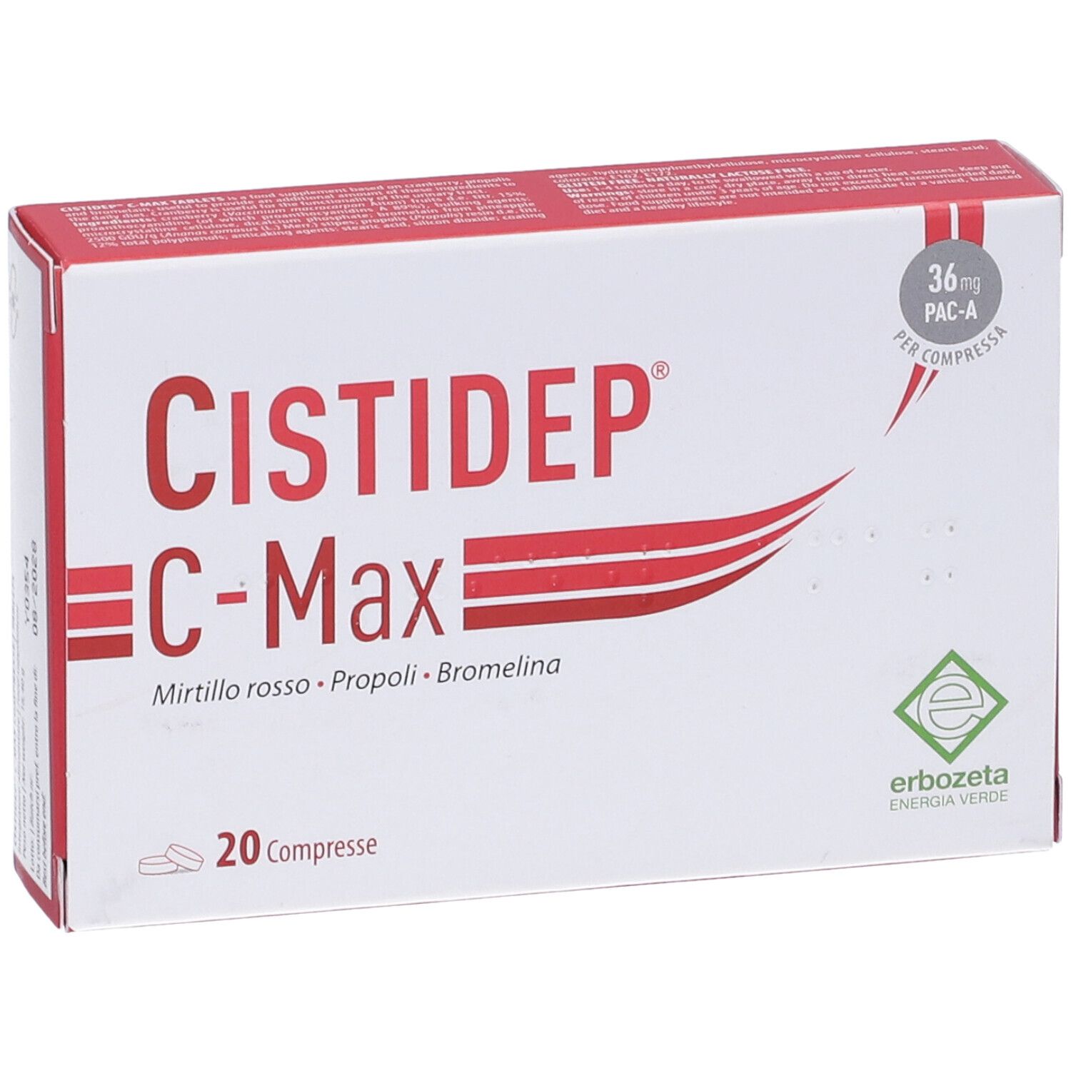 Scatola di Cistidep C-Max Compresse. Scritta rossa e bianca. Contiene 20 compresse. Logo Erbozeta.