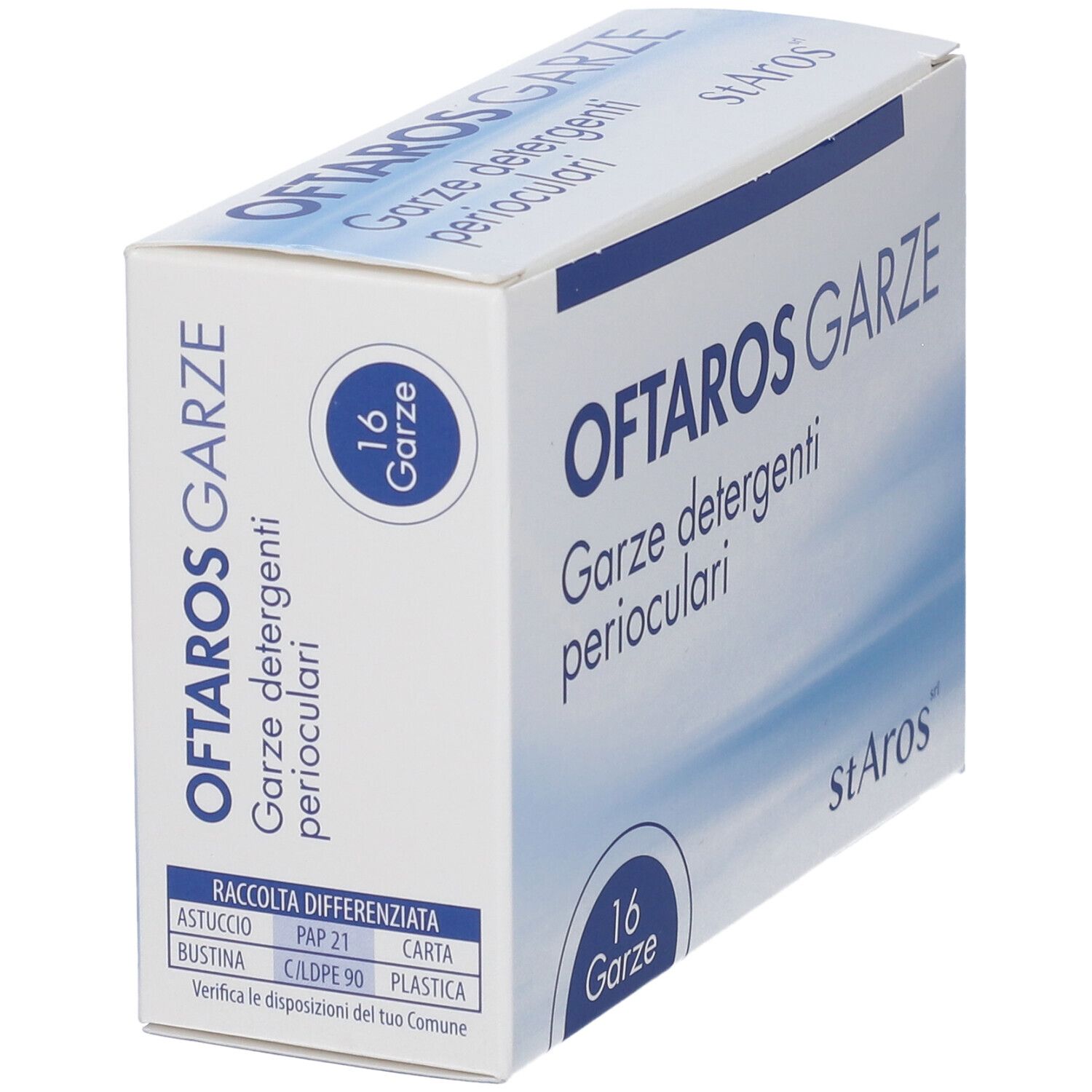 Confezione Oftaros Garze. 16 garze. Scatola bianca, cerchi blu.