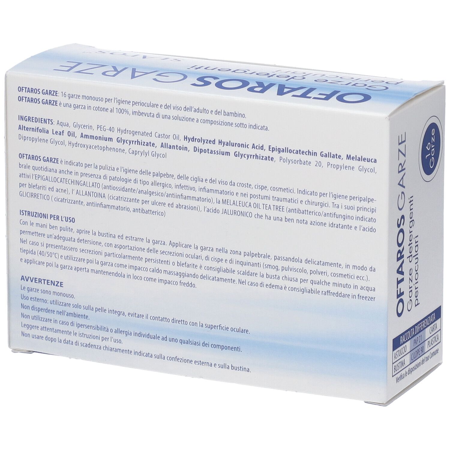 Confezione Oftaros Garze. Retro con ingredienti e istruzioni per l'uso.