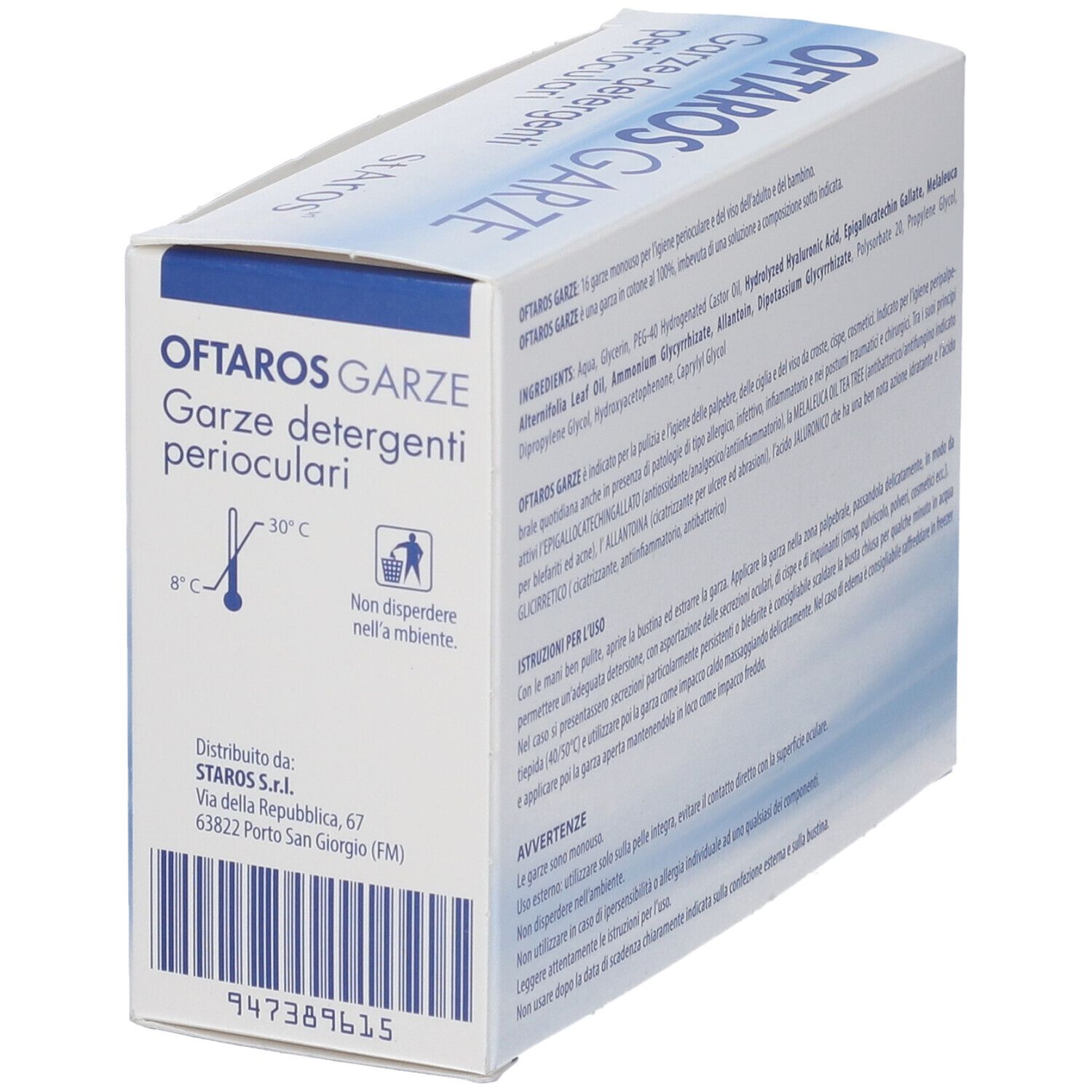 Confezione Oftaros Garze. Lato con informazioni sulla temperatura e produttore.