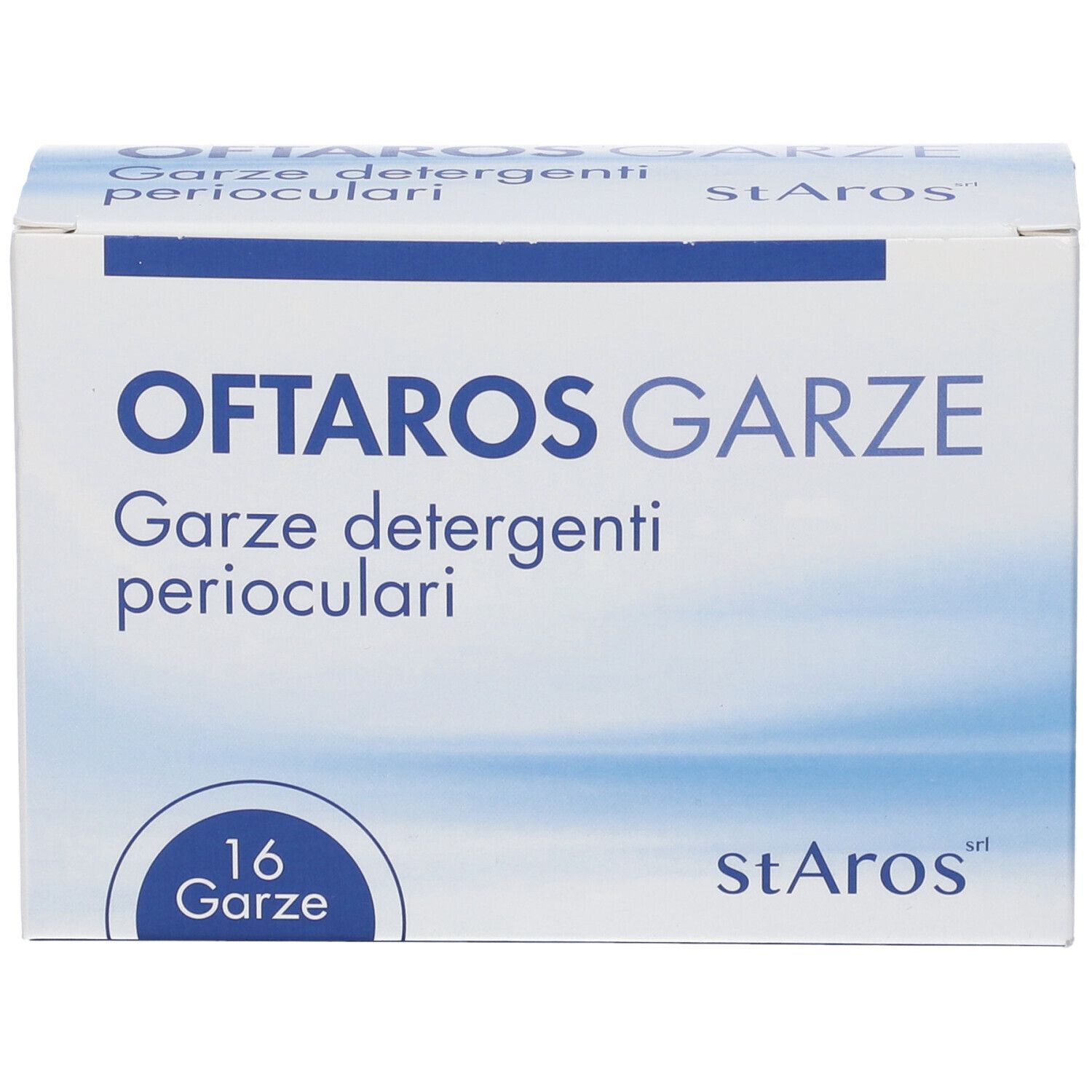 Confezione Oftaros Garze. 16 garze. Scatola bianca, testo blu.