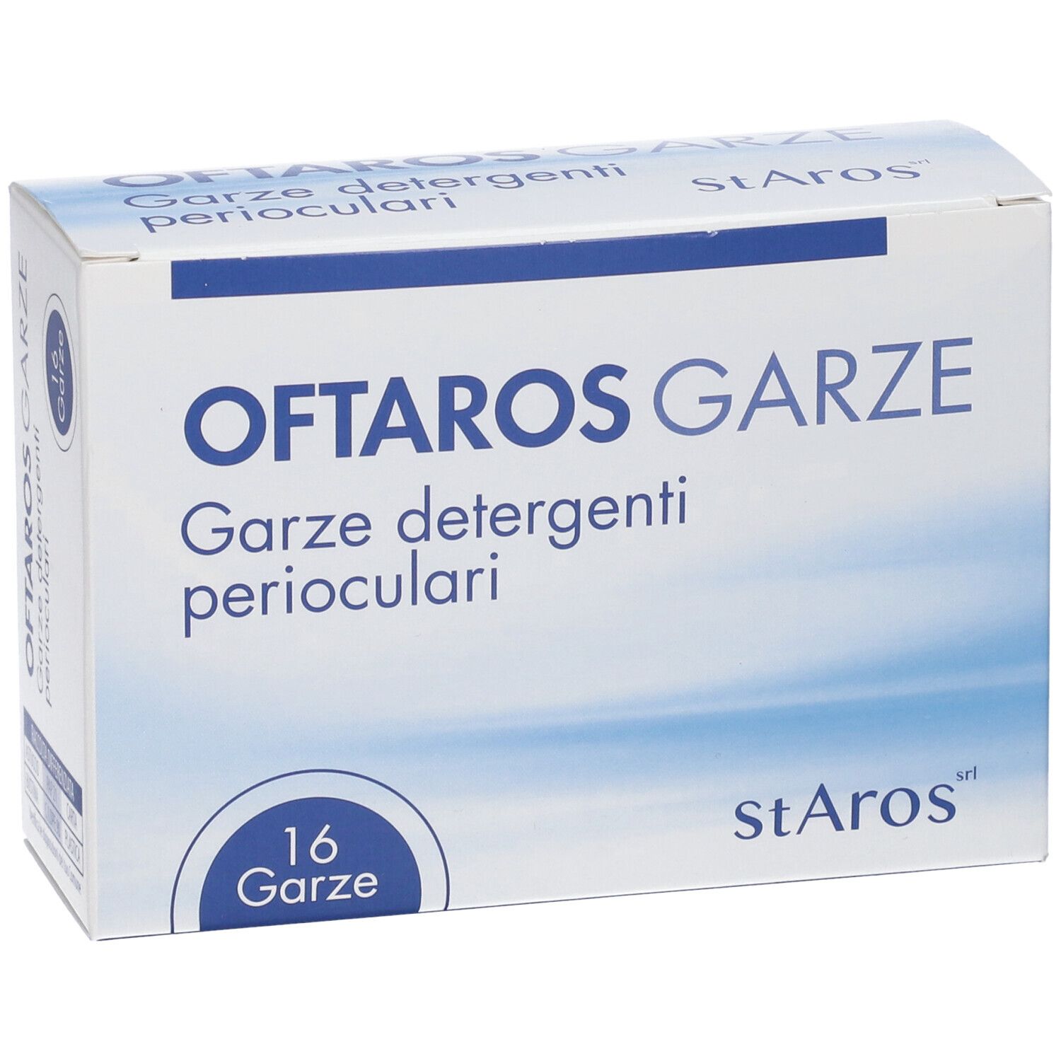 Confezione Oftaros Garze. 16 garze. Scatola bianca, testo blu.