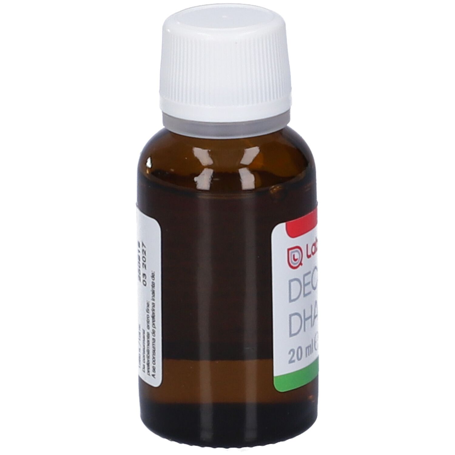 Flacone di vetro marrone con tappo bianco. Etichetta con testo e strisce rosse e verdi. Nome del prodotto parzialmente visibile.