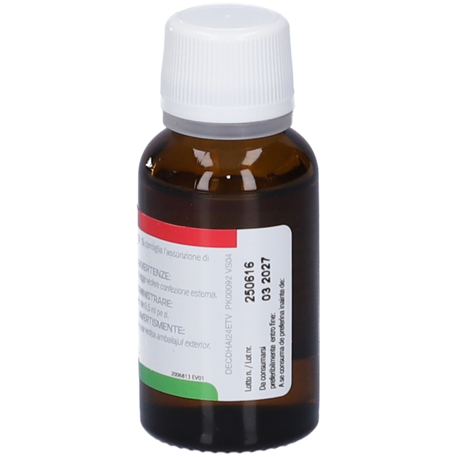 Flacone di vetro marrone con tappo bianco. Etichetta con testo. Numero di lotto e data di scadenza. Nome del prodotto parzialmente visibile.