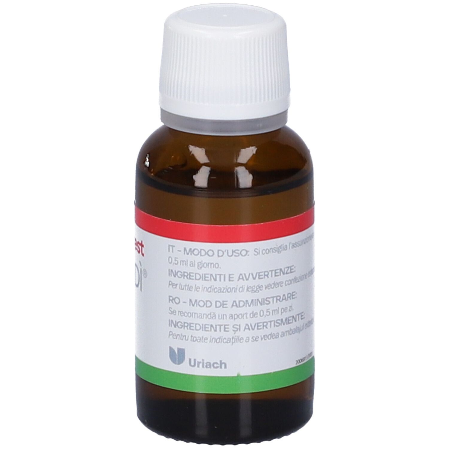 Flacone di vetro marrone con tappo bianco. Etichetta con testo. Nome del prodotto parzialmente visibile. Modo d'uso.