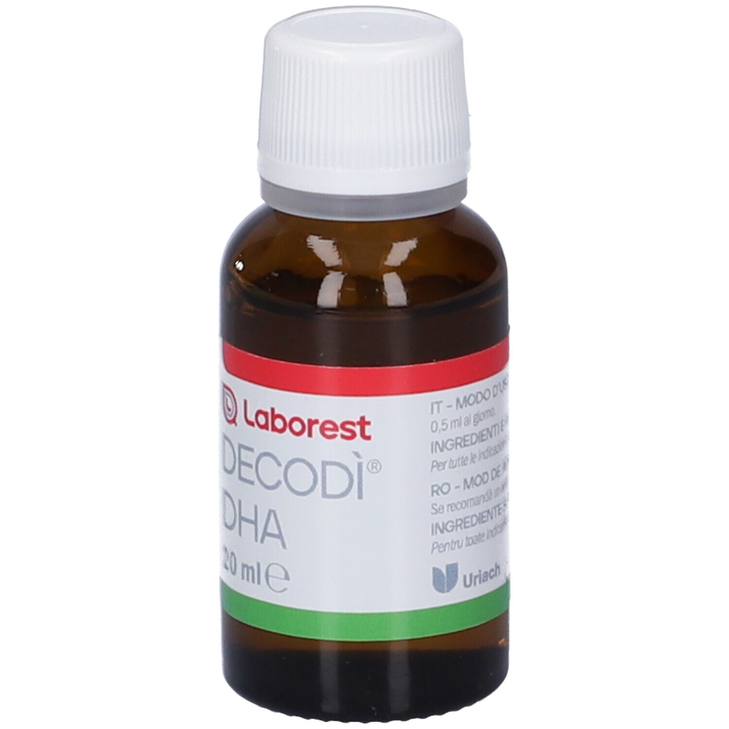 Flacone di vetro marrone con tappo bianco. Etichetta con strisce rosse e verdi. Testo: Laborest, Decodì DHA, 20 ml.