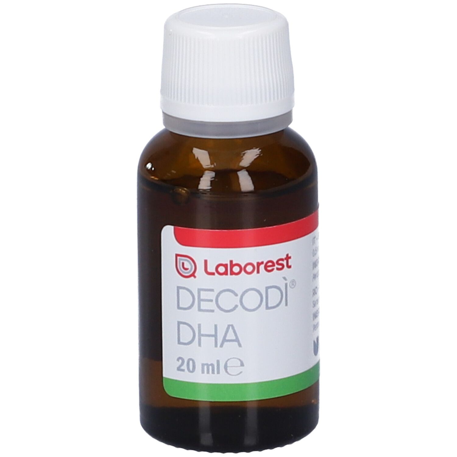 Flacone di vetro marrone con tappo bianco. Etichetta con strisce rosse e verdi. Testo: Laborest, Decodì DHA, 20 ml.