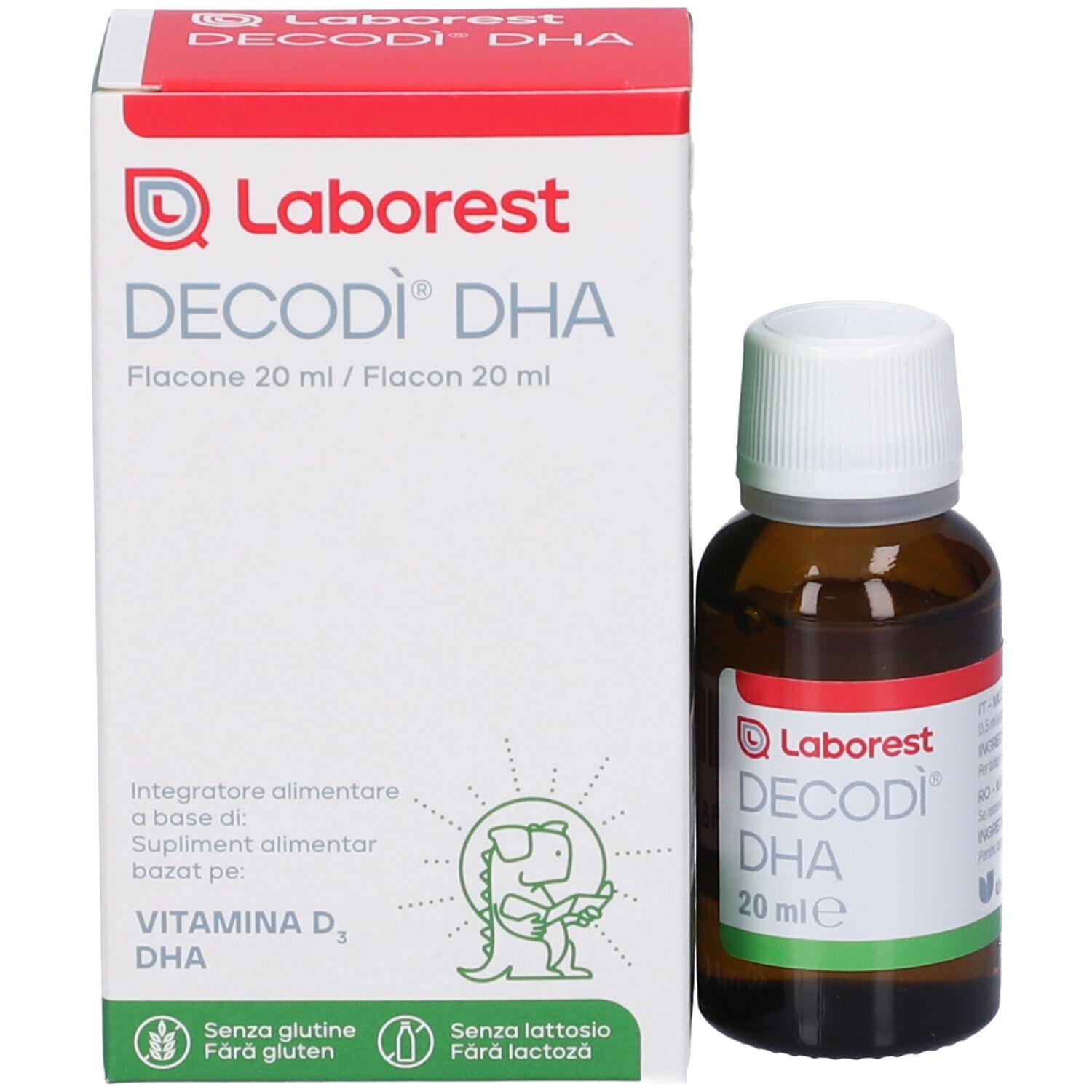 Confezione e flacone. Scatola con testo: Laborest, Decodì DHA, 20 ml. Flacone con tappo bianco.