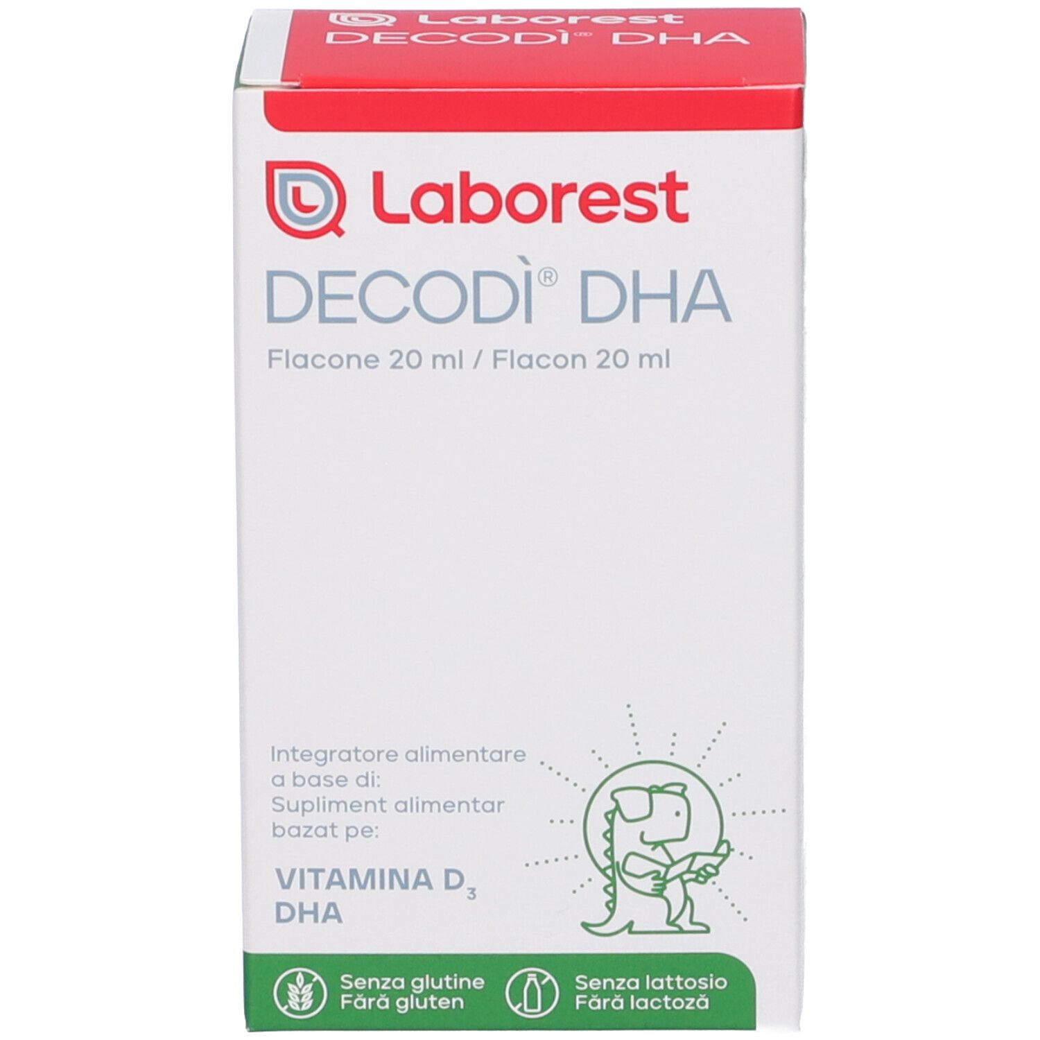 Confezione del prodotto. Scatola con testo: Laborest, Decodì DHA, 20 ml. Illustrazioni e loghi.