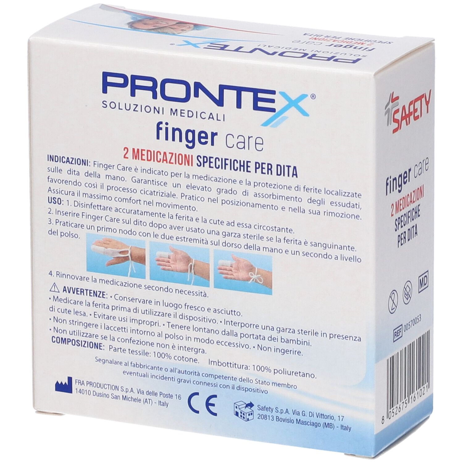 Retro della confezione Prontex Finger Care. Contiene informazioni sul prodotto e istruzioni. Scritta: finger care.