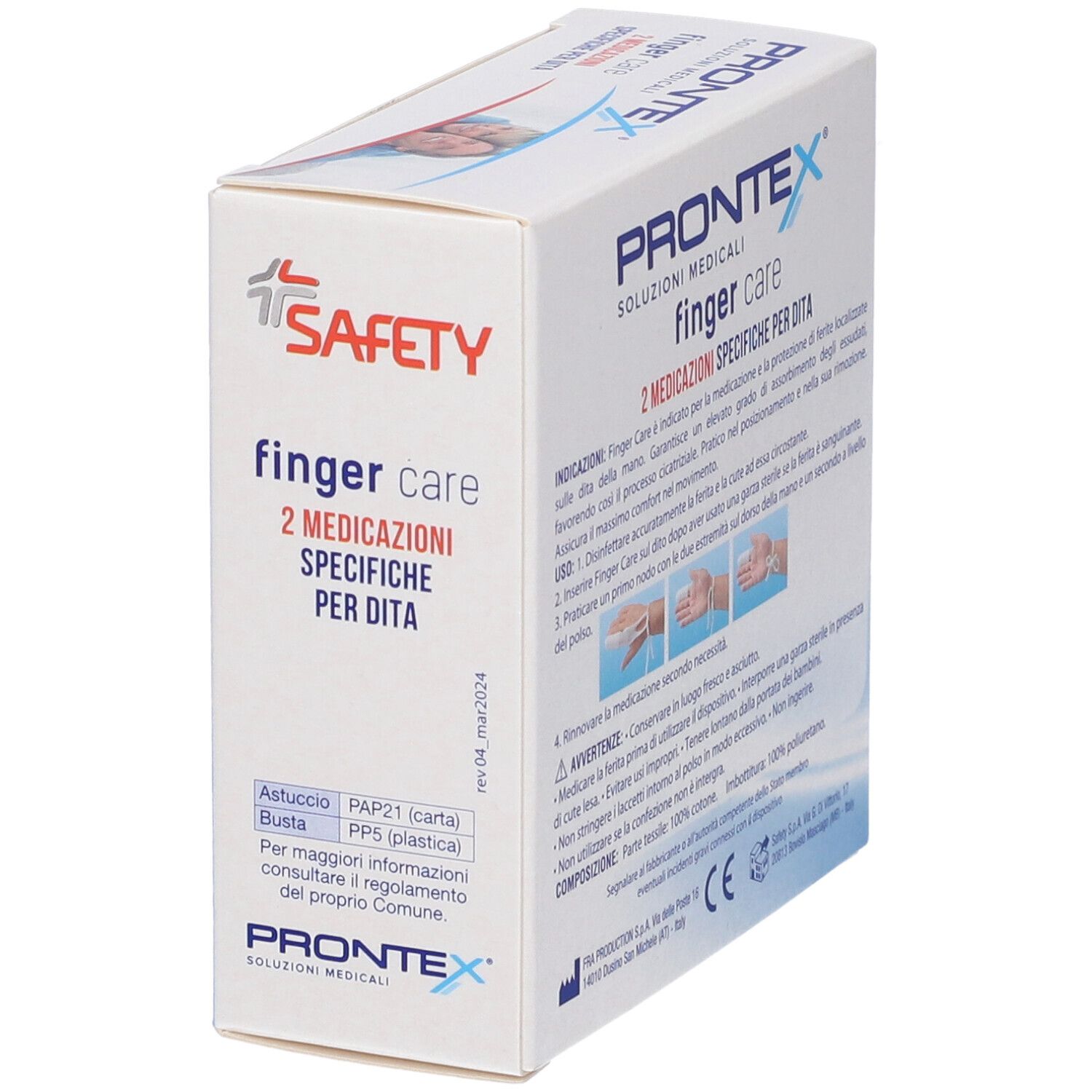 Vista laterale della confezione Prontex Finger Care. Contiene informazioni sul prodotto e istruzioni. Scritta: finger care.