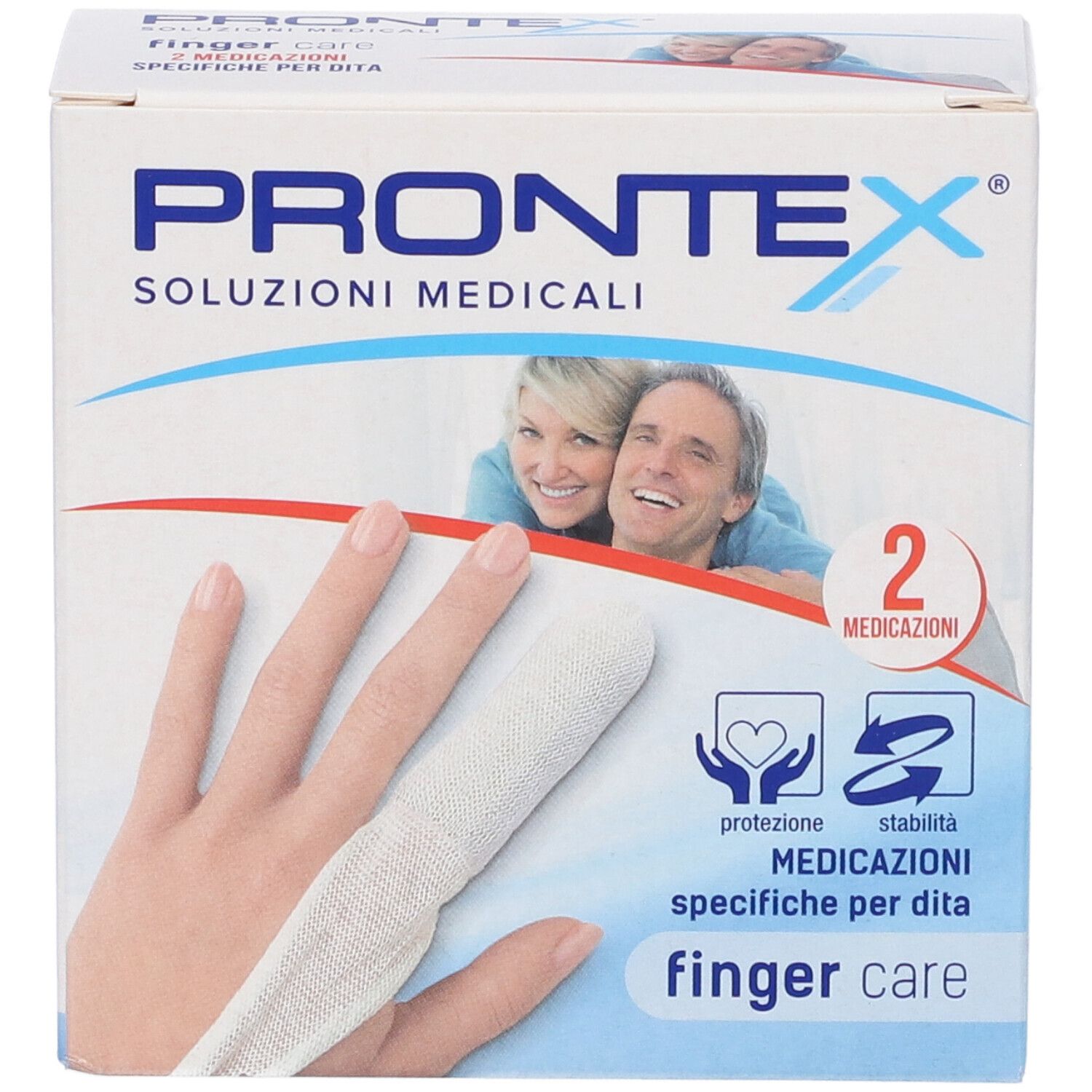 Vista frontale della confezione Prontex Finger Care. Mostra una mano con dito bendato. Scritta: 2 medicazioni specifiche per dita.