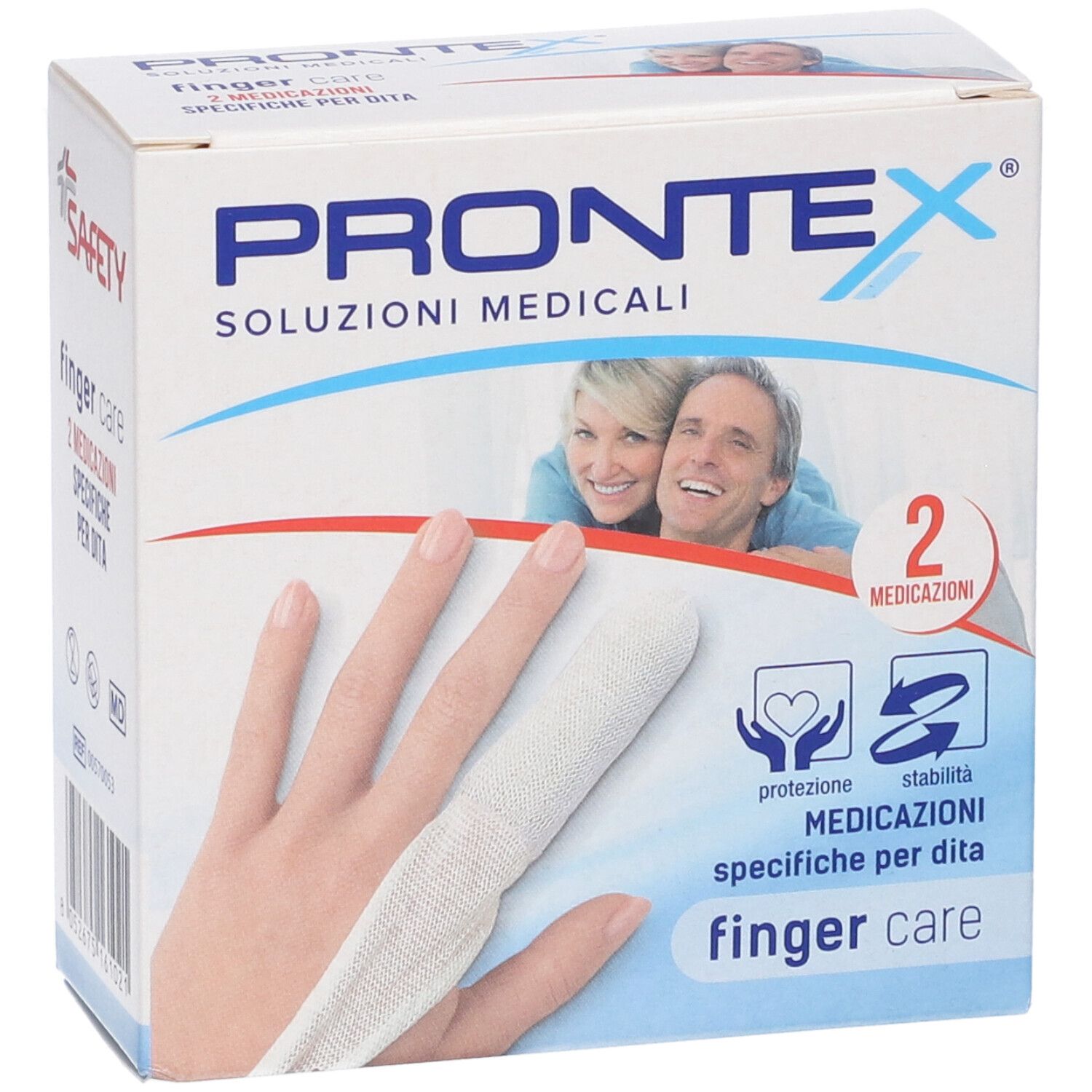 Vista frontale della confezione Prontex Finger Care. Mostra una mano con dito bendato. Scritta: 2 medicazioni specifiche per dita.