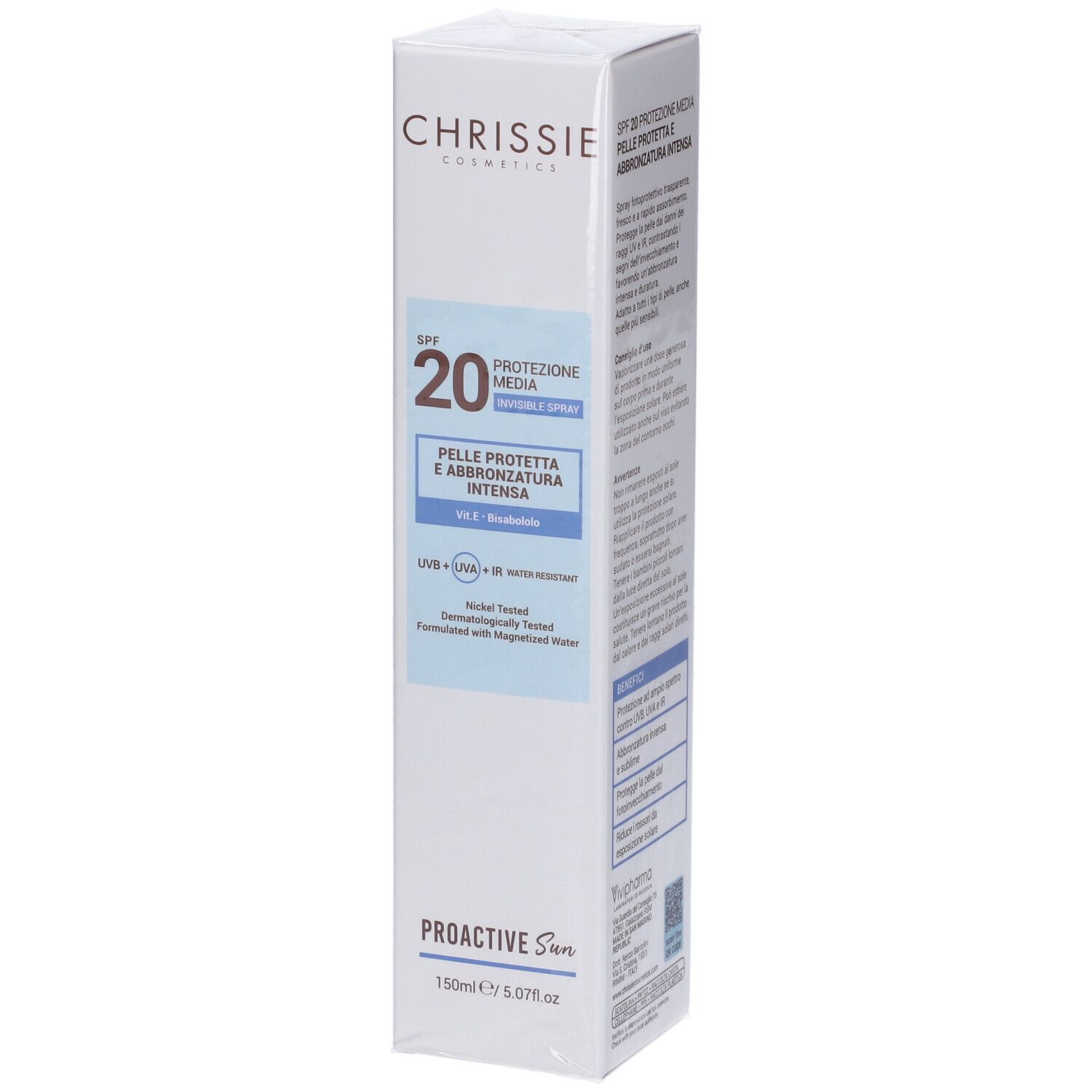 Scatola Chrissie Cosmetics, SPF 20, Proactive Sun. Testo: protezione, abbronzatura intensa. Ingredienti e uso.