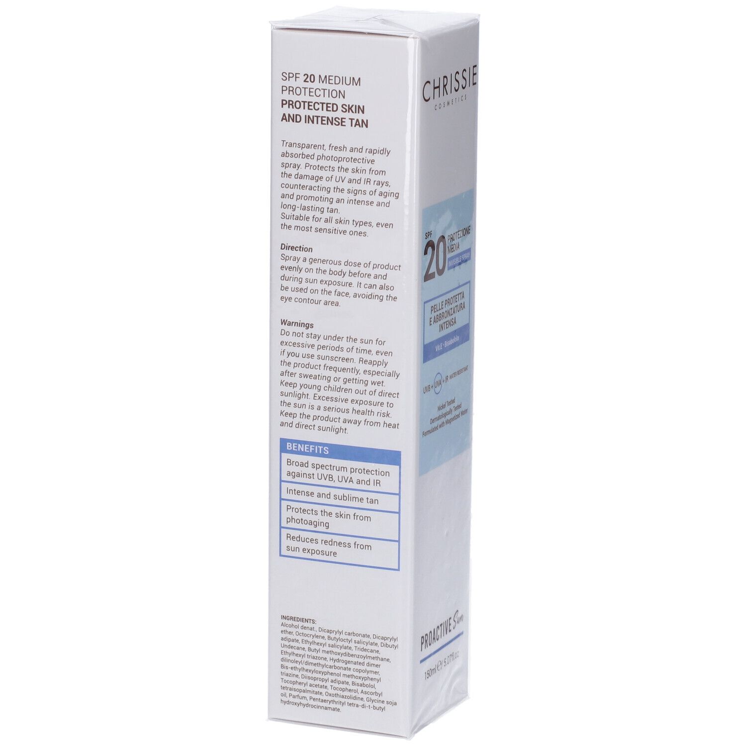 Scatola Chrissie Cosmetics, SPF 20, Proactive Sun. Testo: protezione, abbronzatura intensa. Istruzioni per l'uso e vantaggi.