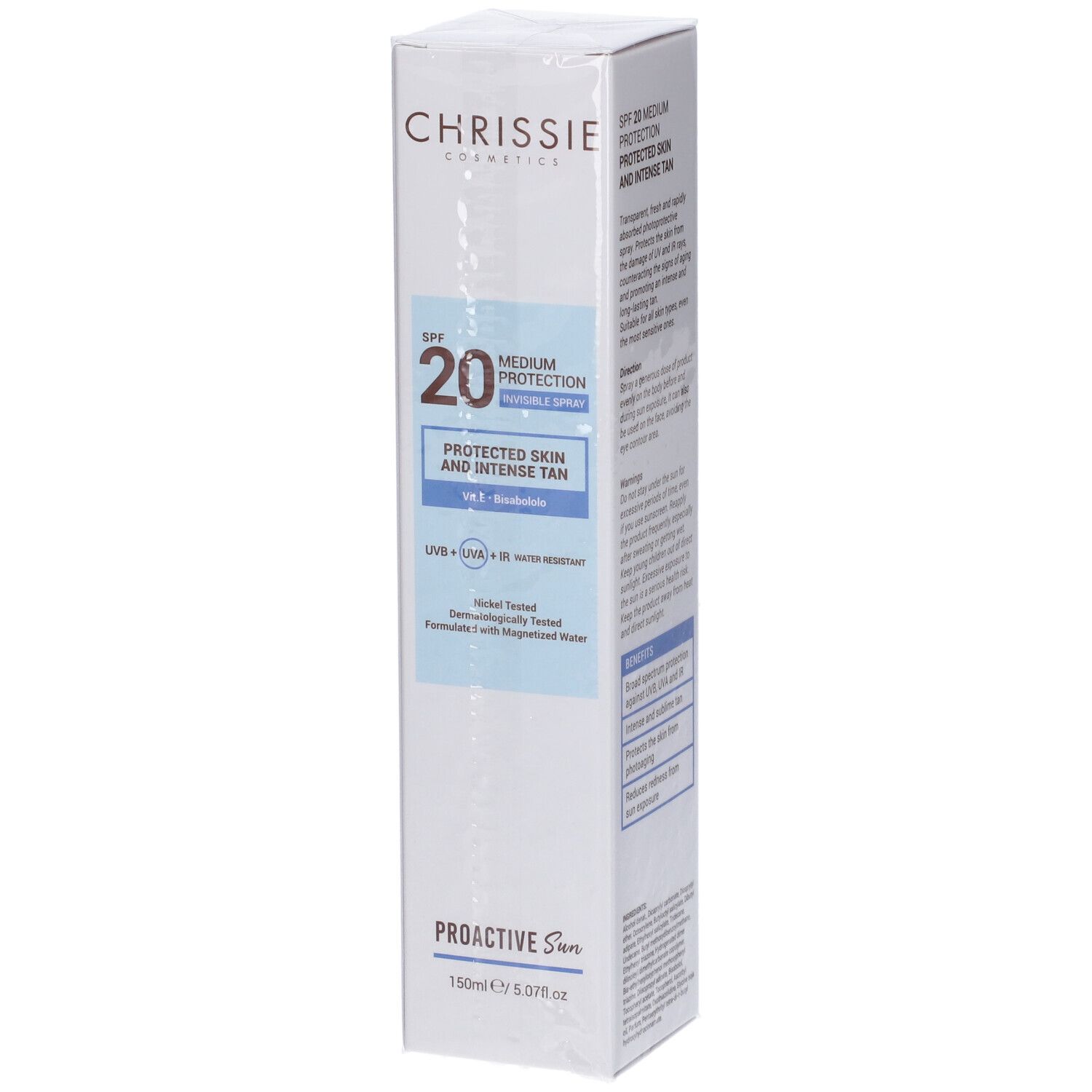 Scatola Chrissie Cosmetics, SPF 20, Proactive Sun. Testo: protezione, abbronzatura intensa. Istruzioni per l'uso e vantaggi.