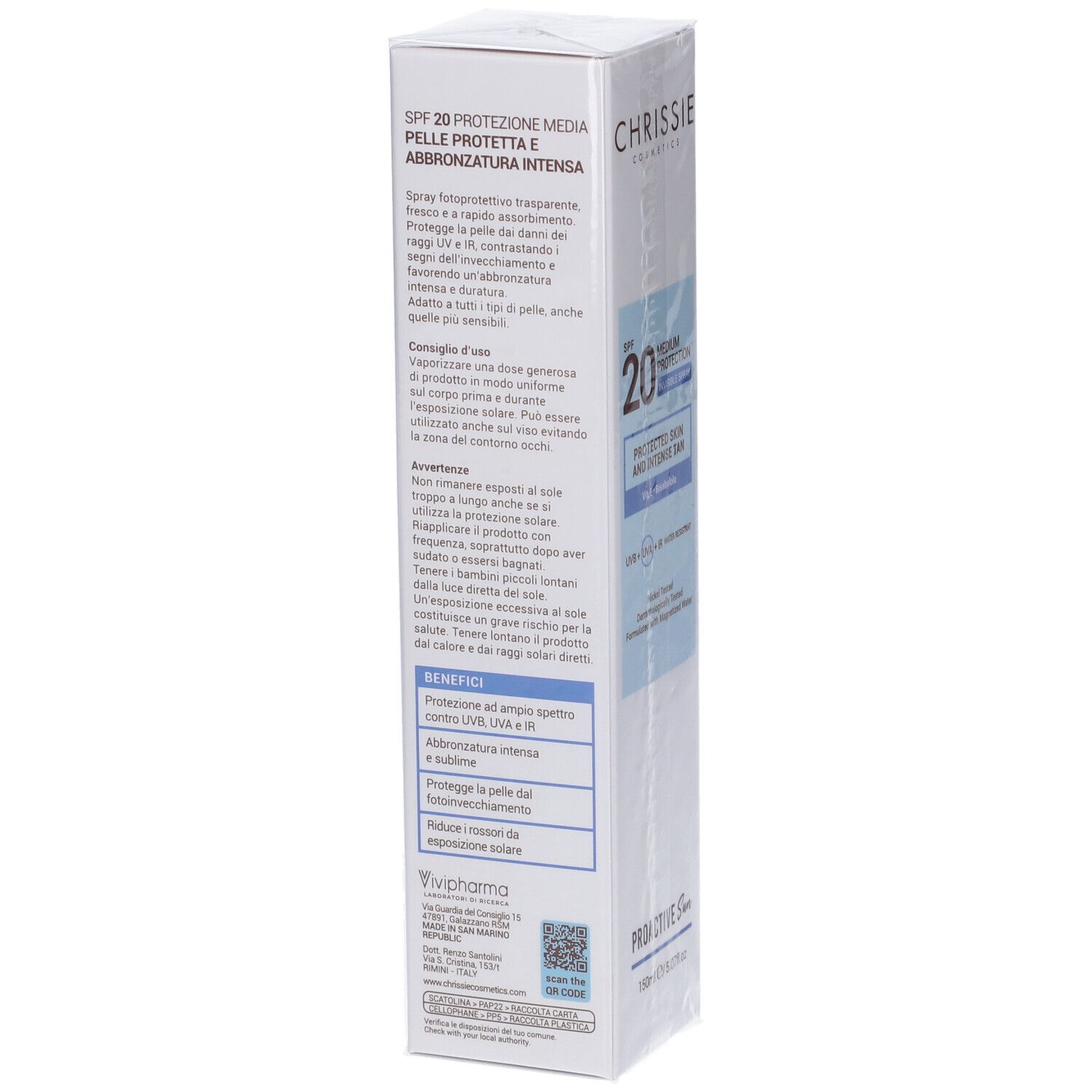 Scatola Chrissie Cosmetics, SPF 20, Proactive Sun. Testo: protezione, abbronzatura intensa. Istruzioni per l'uso e vantaggi.