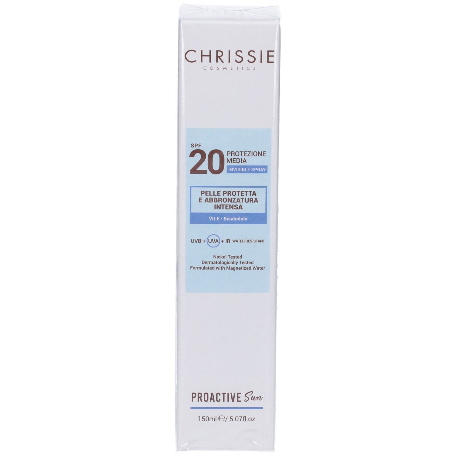 Scatola Chrissie Cosmetics, SPF 20, Proactive Sun. Testo: protezione, abbronzatura intensa. Ingredienti e uso.