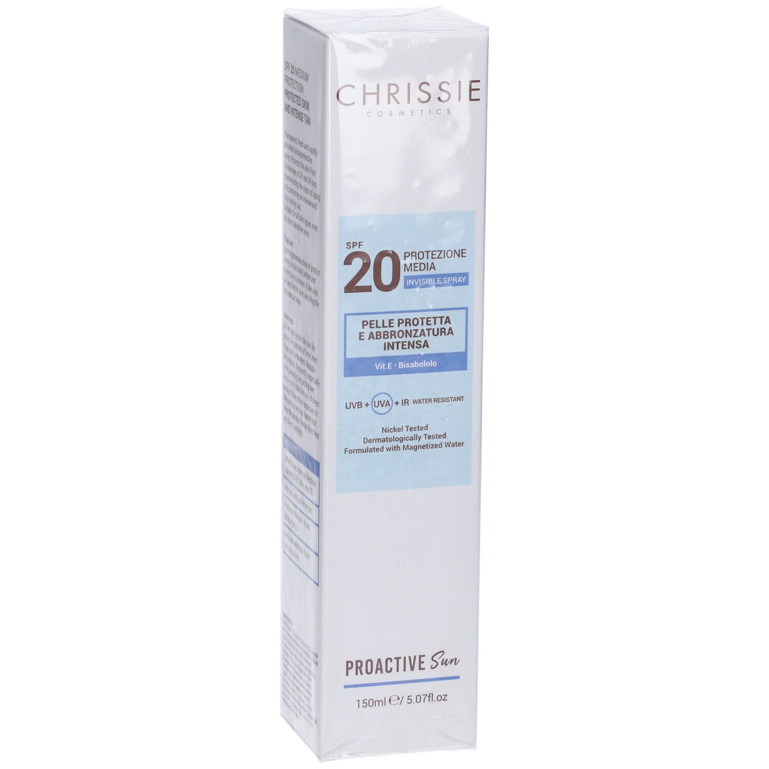 Scatola Chrissie Cosmetics, SPF 20, Proactive Sun. Testo: protezione, abbronzatura intensa. Ingredienti e uso.
