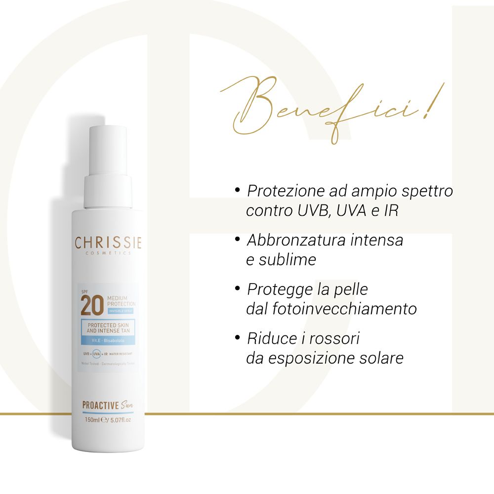 Flacone con testo: Benefici, protezione UVB, UVA, IR, abbronzatura intensa, protezione invecchiamento, riduzione rossori.