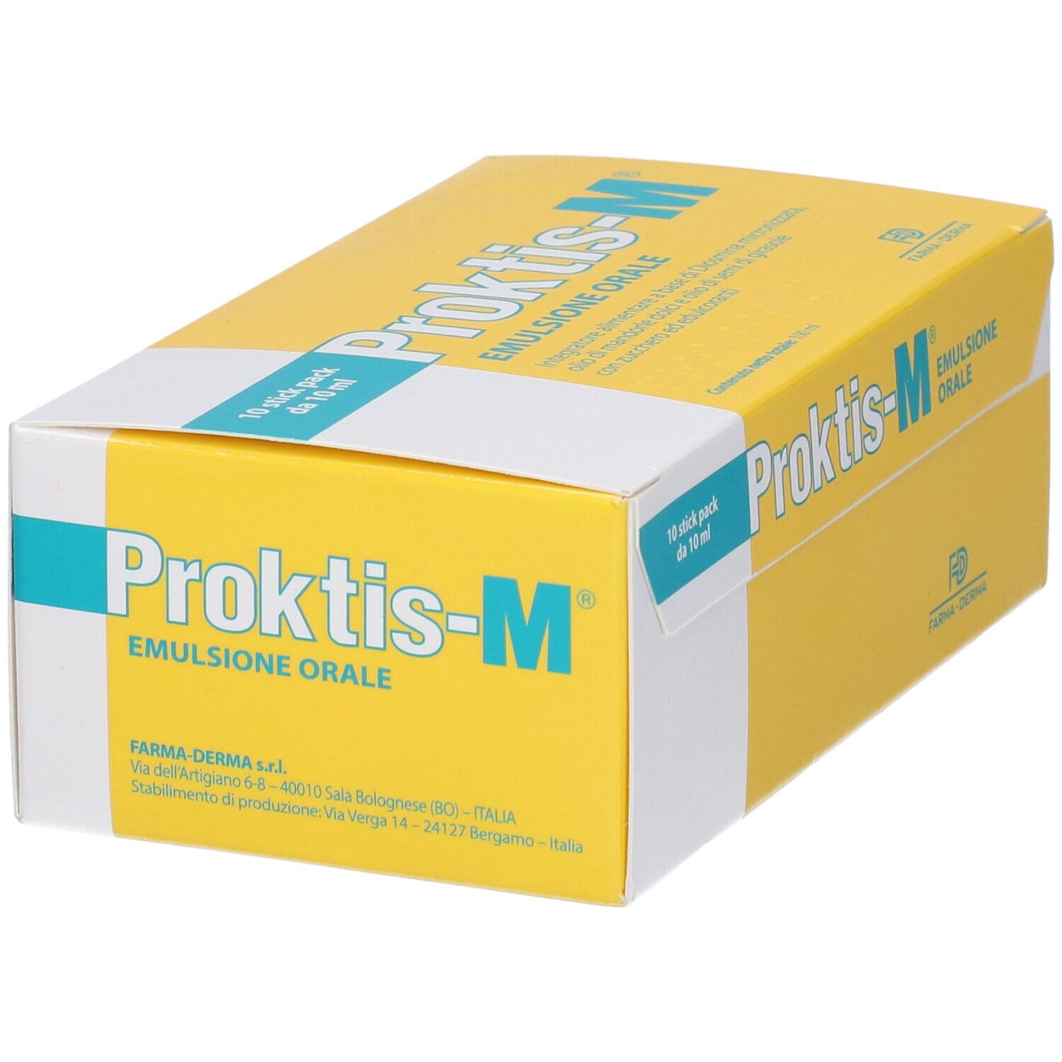 Confezione Proktis-M Emulsione Orale, 10 stick pack da 10 ml, vista frontale.