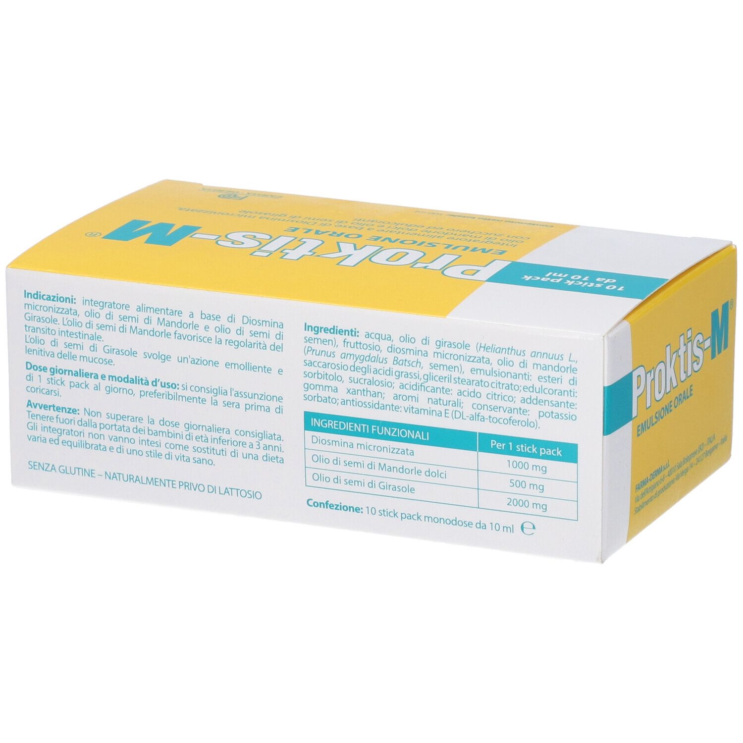 Retro della confezione Proktis-M Emulsione Orale con ingredienti e indicazioni.