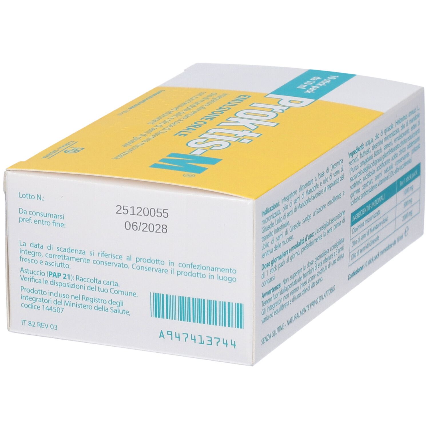 Vista laterale della confezione Proktis-M Emulsione Orale con numero di lotto e data di scadenza.