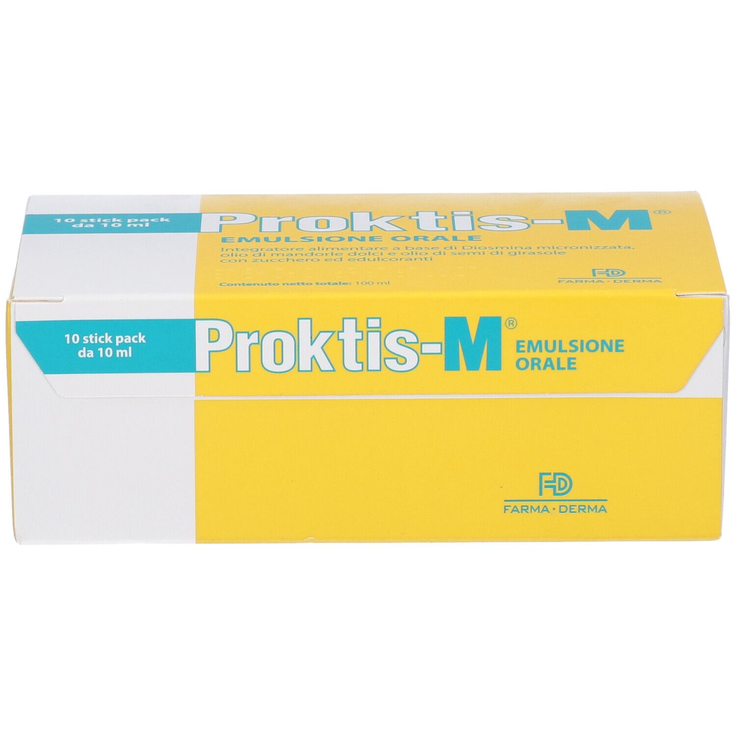 Confezione Proktis-M Emulsione Orale, 10 stick pack da 10 ml, vista prospettica.